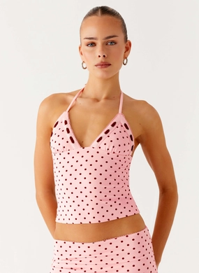 Quick Dry Material Bahama Eyelet Lace Up Top - Strawberry Dot Bahama Eyelet Lace Up Top - Strawberry Dot Flexible Hem Adjustment
