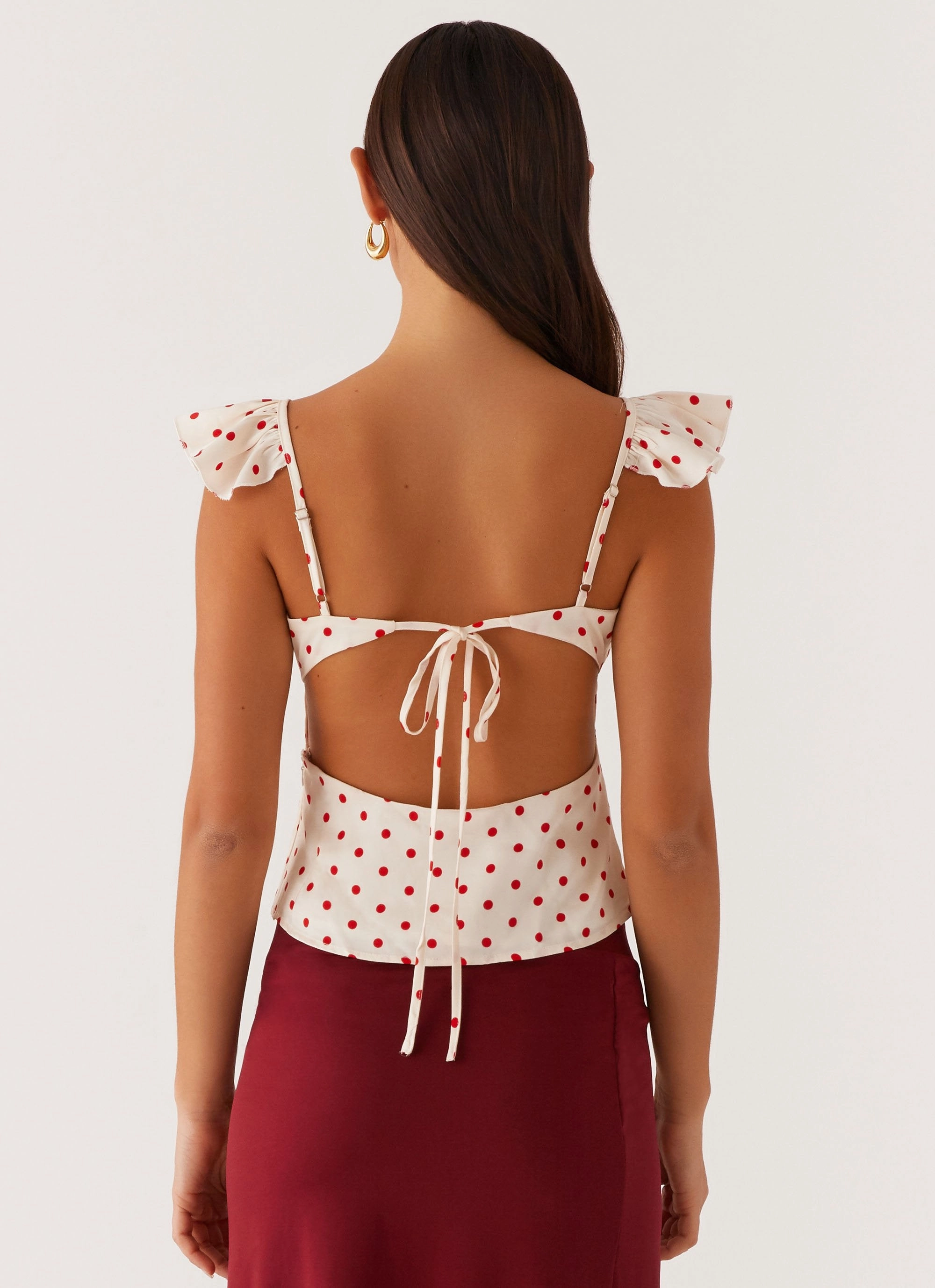 Regan Ruffle Top - Red Polka Dot Elasticized Waistband Tagless Neckline Design