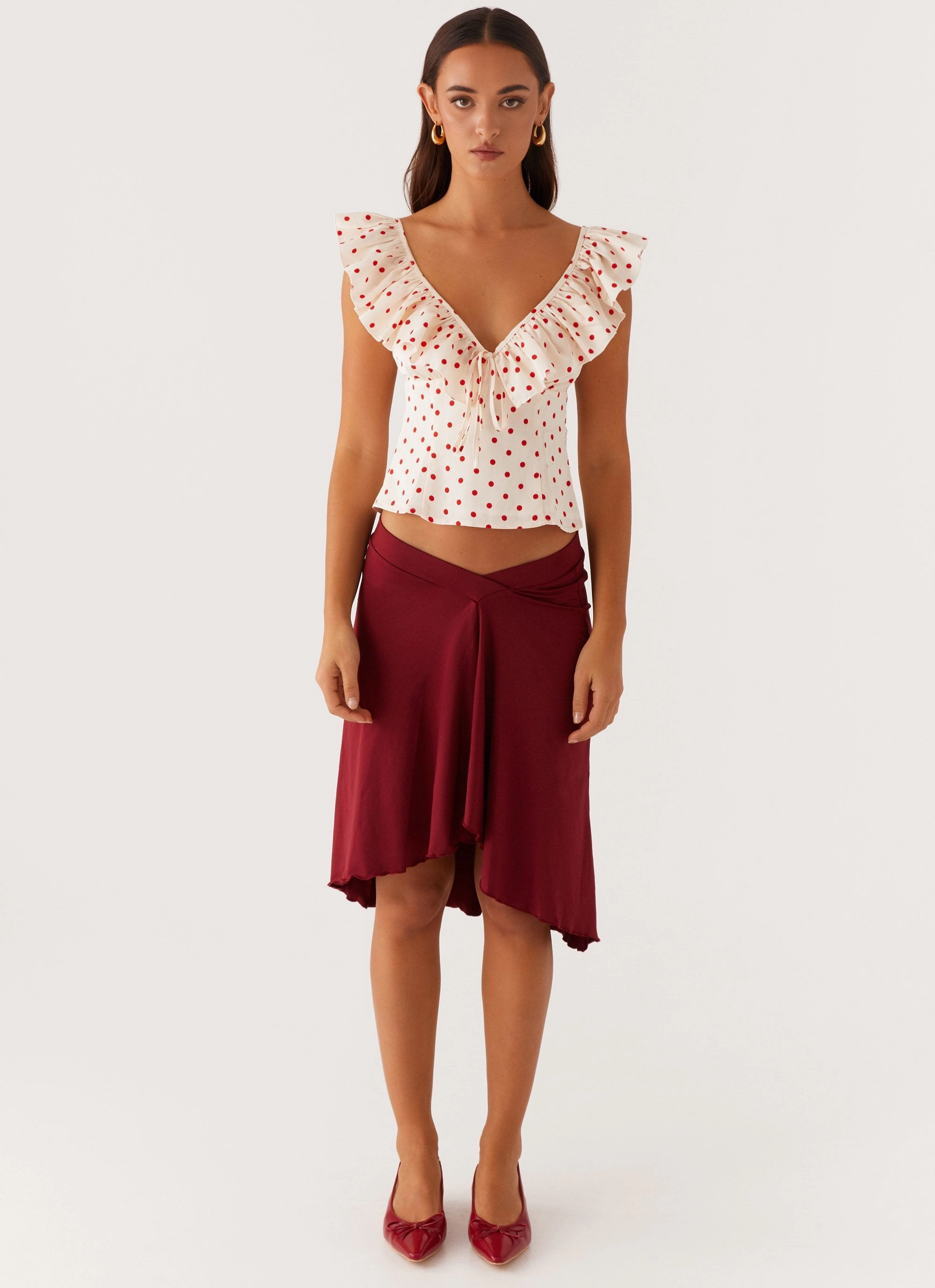 Breathable mesh Regan Ruffle Top - Red Polka Dot