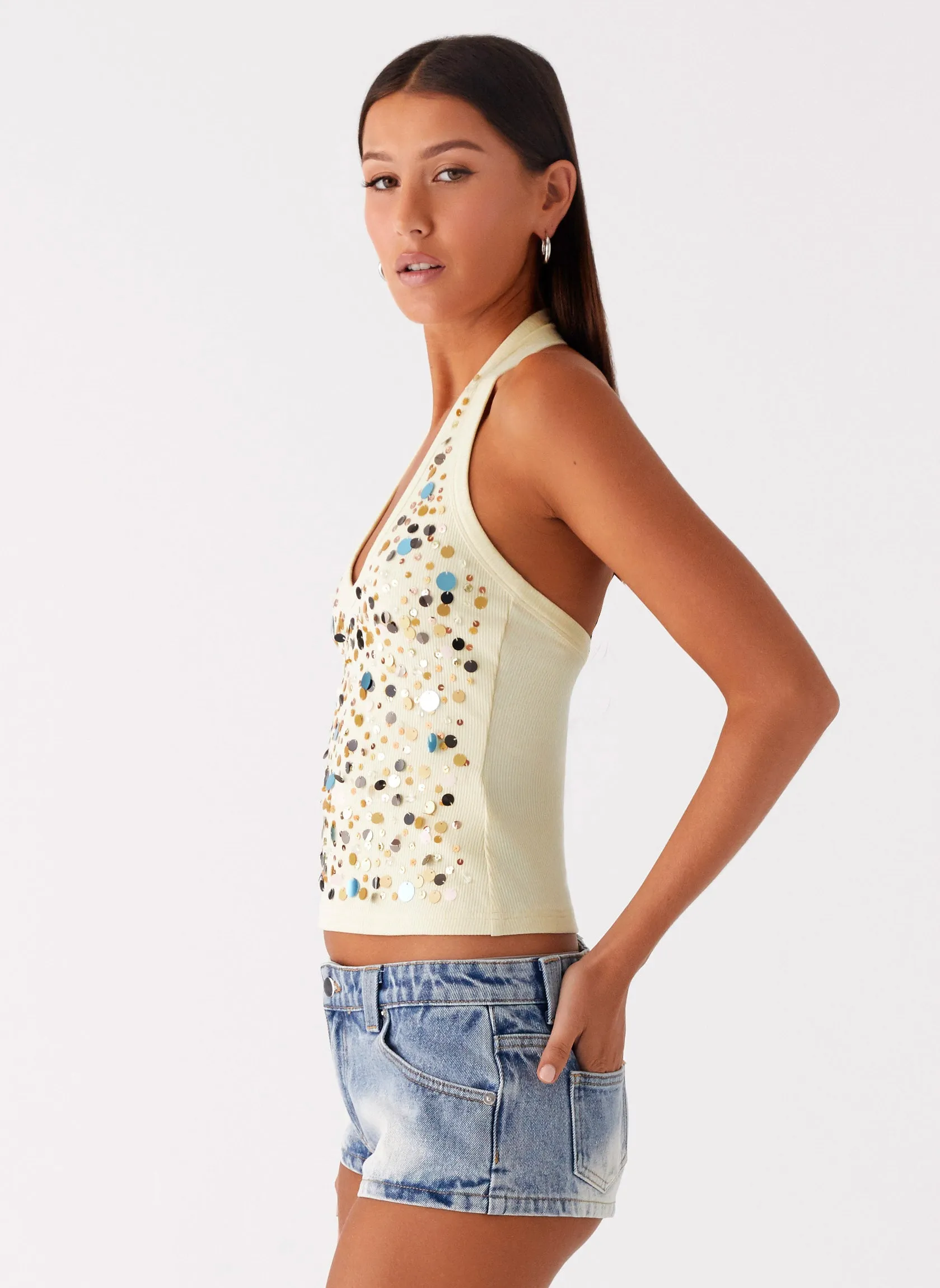 FlexibleElasticatedEdging Eye Contact Sequin Halter Top - Yellow