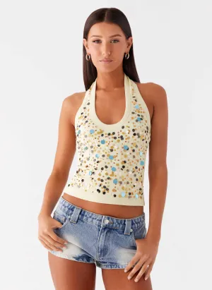 QuickAccess Pocket Placement Eye Contact Sequin Halter Top - Yellow Cozy Sweater Eye Contact Sequin Halter Top - Yellow