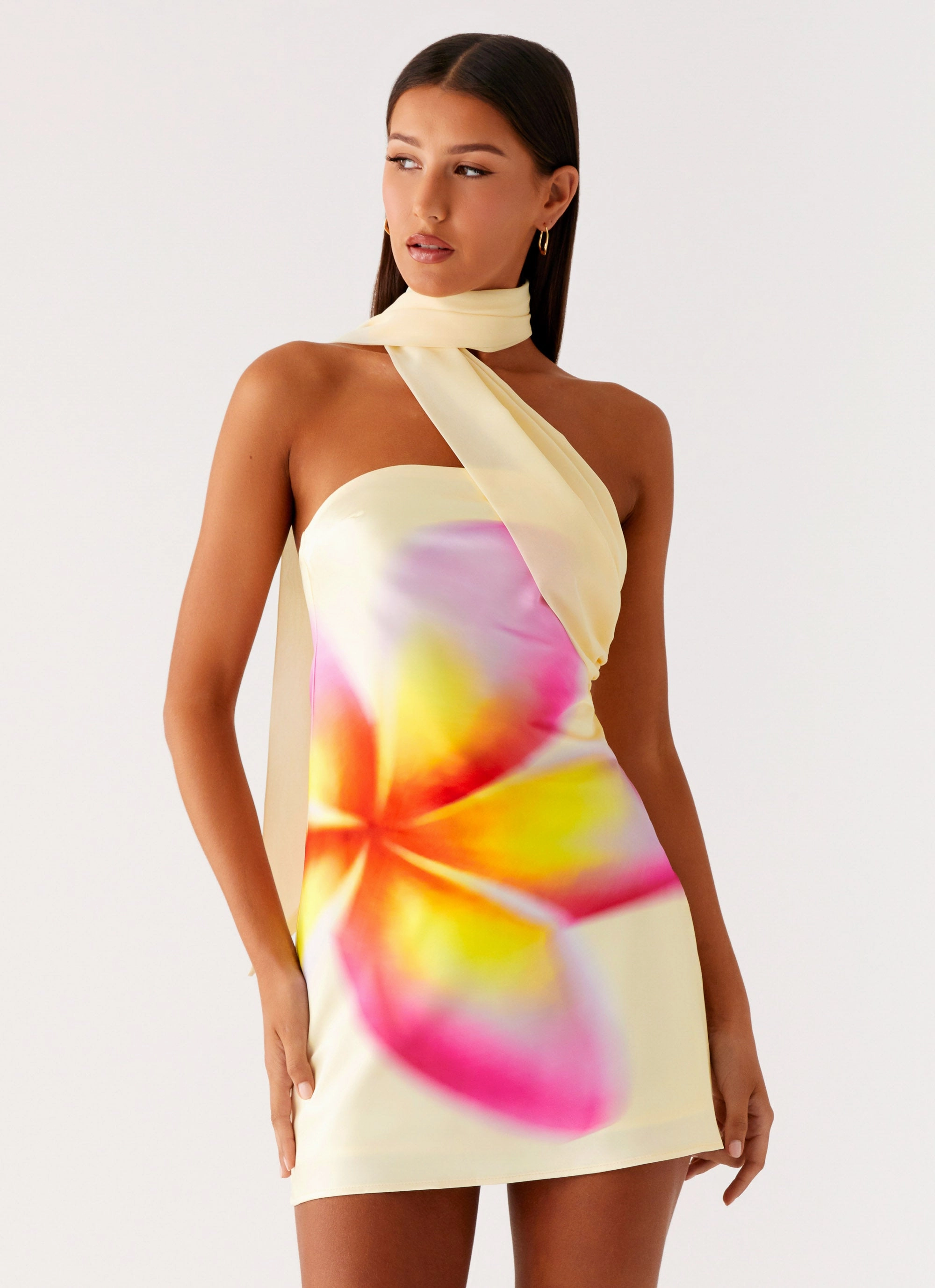 Lightweight Wear Collared Isa Scarf Satin Mini Dress - Frangipani Yellow