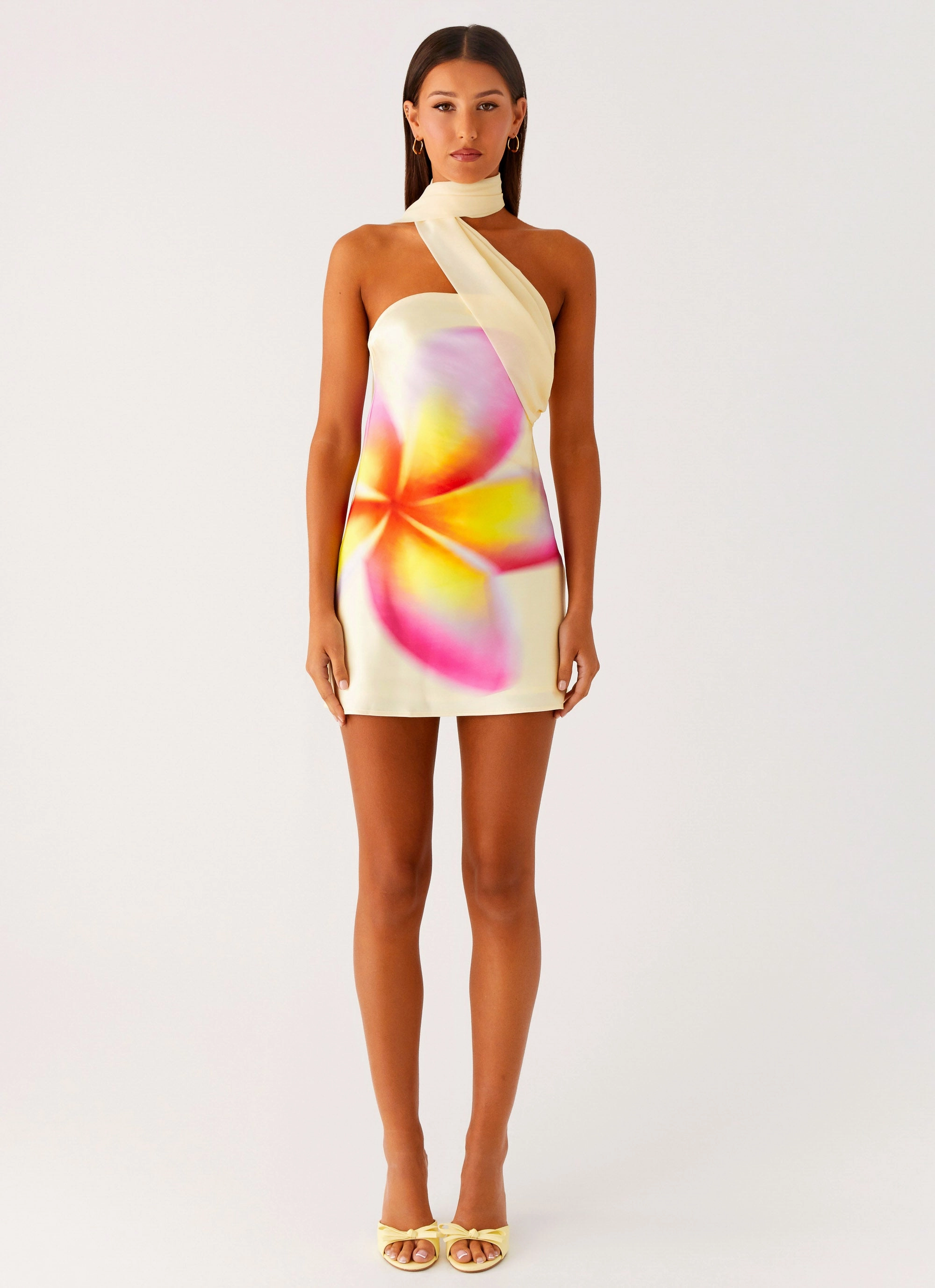 Isa Scarf Satin Mini Dress - Frangipani Yellow Light Flow Cool Layers