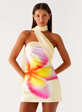 QuickDry Technology Isa Scarf Satin Mini Dress - Frangipani Yellow Isa Scarf Satin Mini Dress - Frangipani Yellow Feminine fit-and-flare silhouette