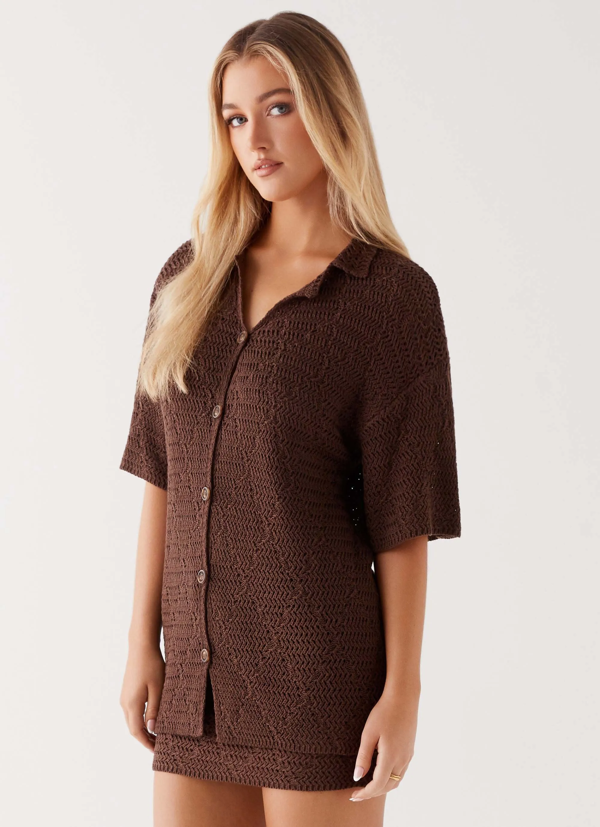AllDay Comfort Nylah Oversized Crochet Shirt - Chocolate