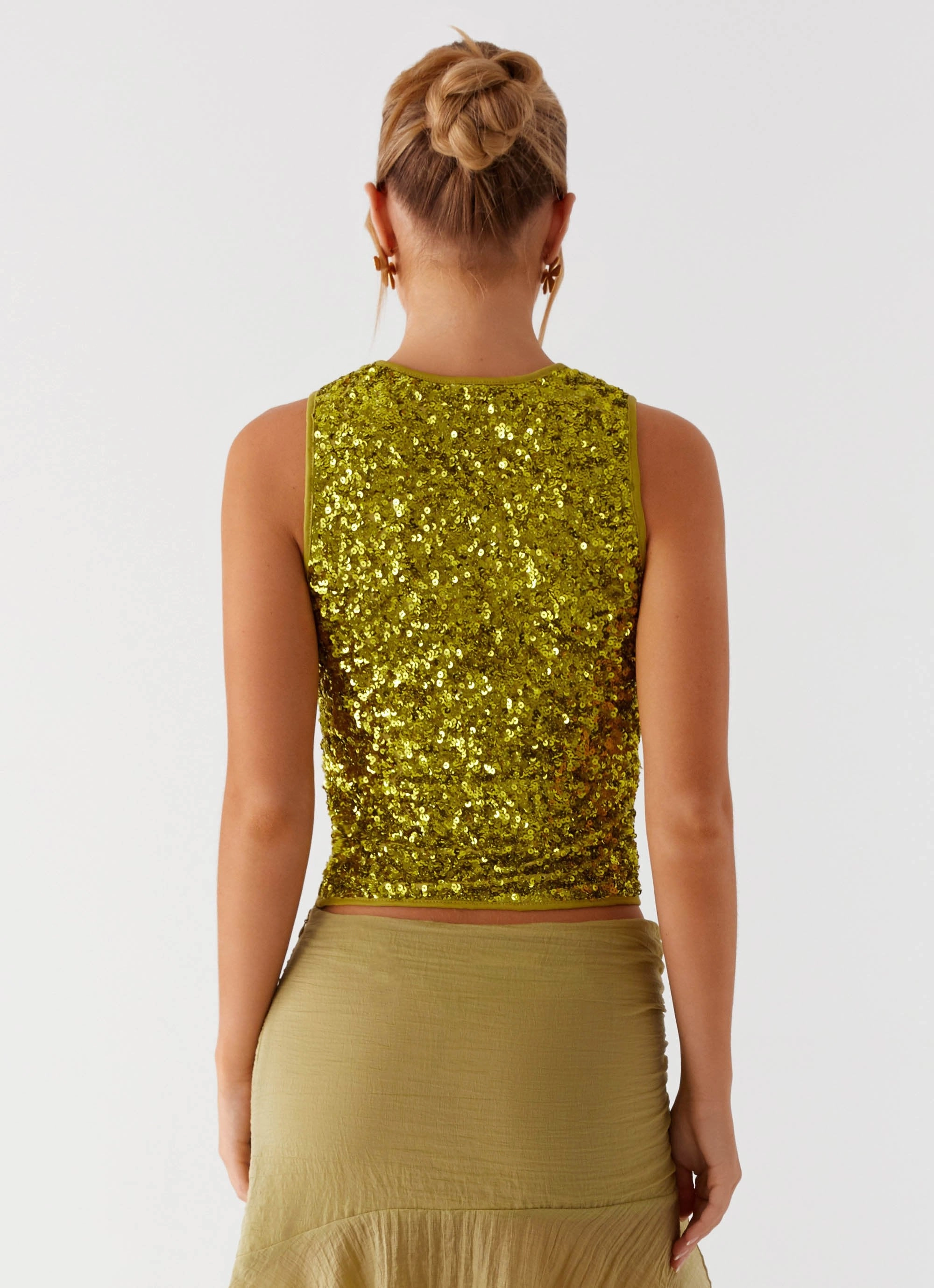 Cool Weather DroppedShoulder After Midnight Sequin Racer Top - Olive
