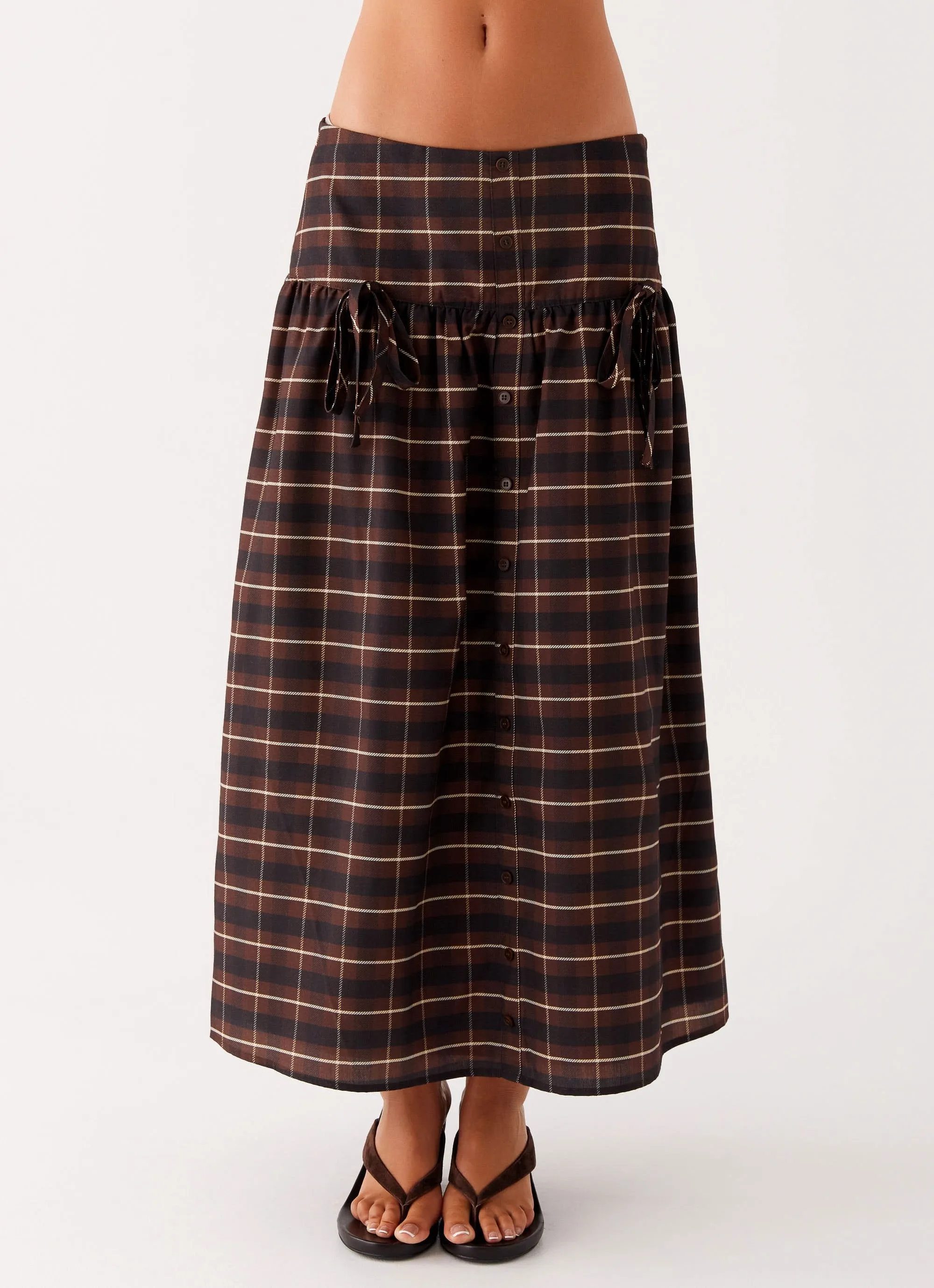Quiet Places Midi Skirt - Chocolate Check Street Vibe