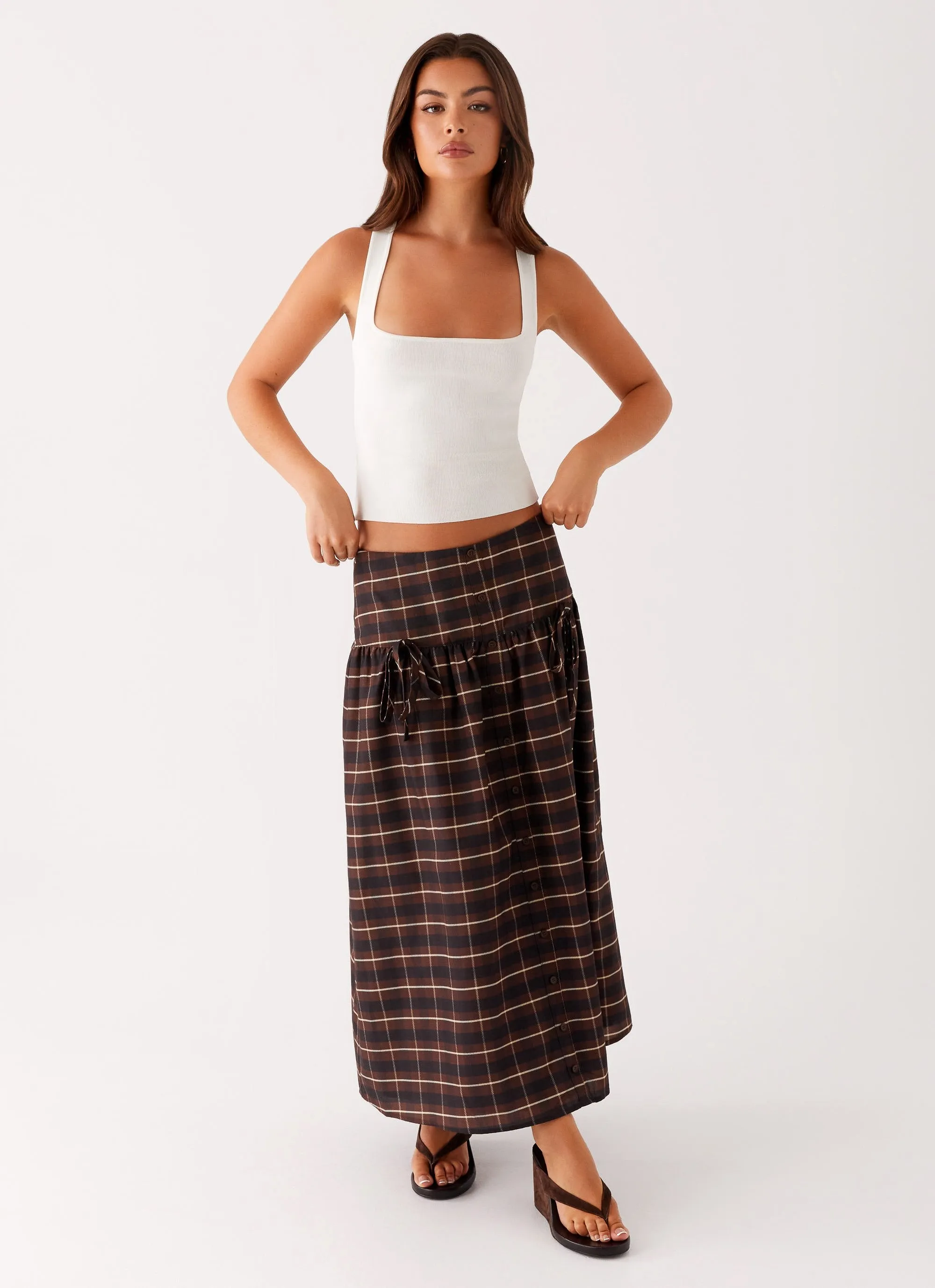 Quiet Places Midi Skirt - Chocolate Check Classic Fit