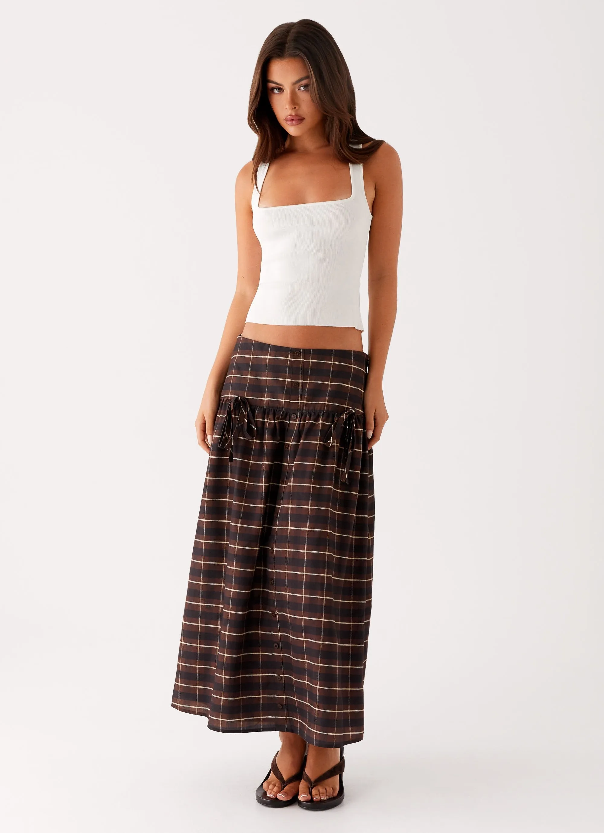 Tapered Cut Quiet Places Midi Skirt - Chocolate Check