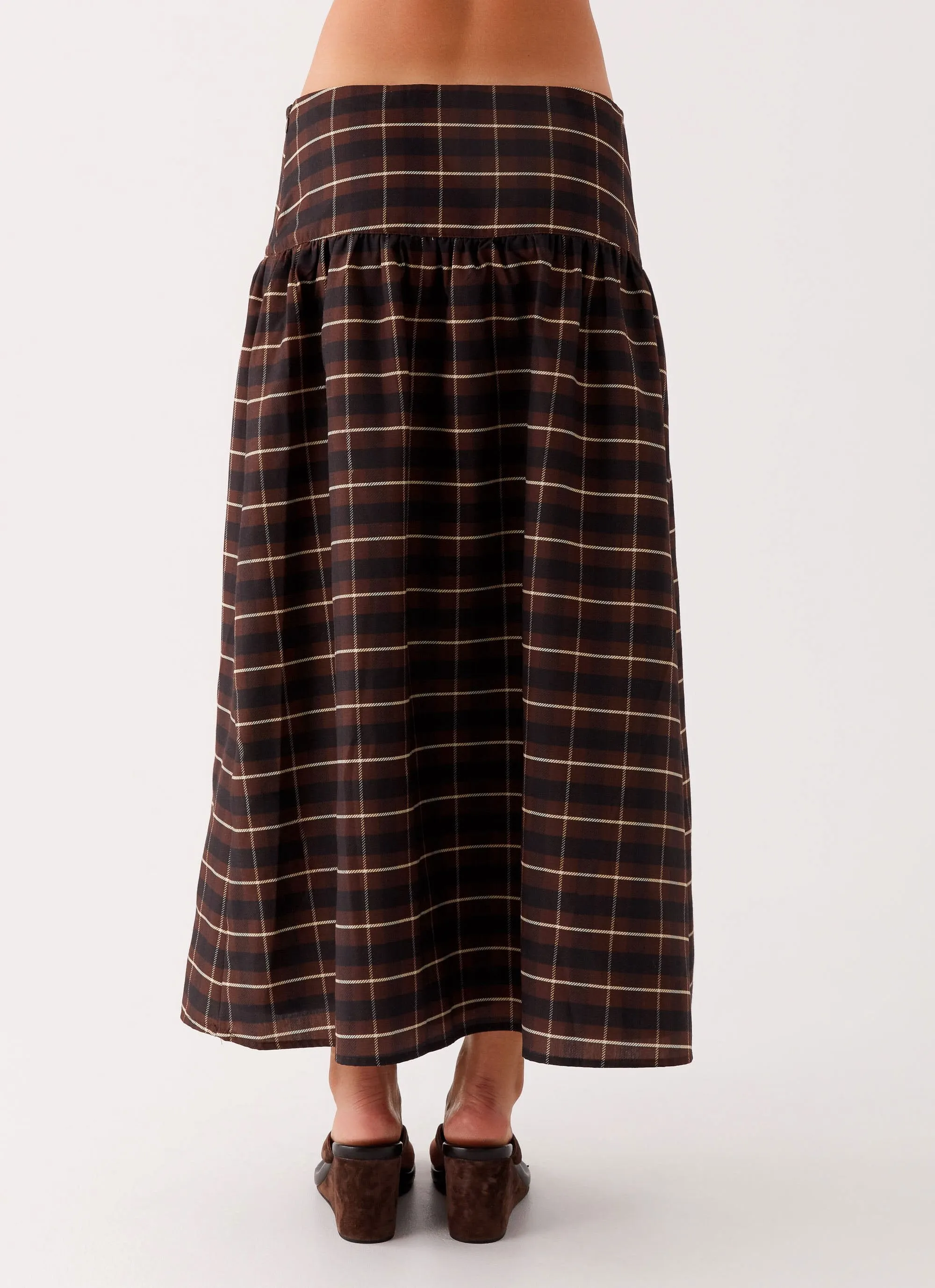 Eco Friendly Dye Stretch Comfort Quiet Places Midi Skirt - Chocolate Check