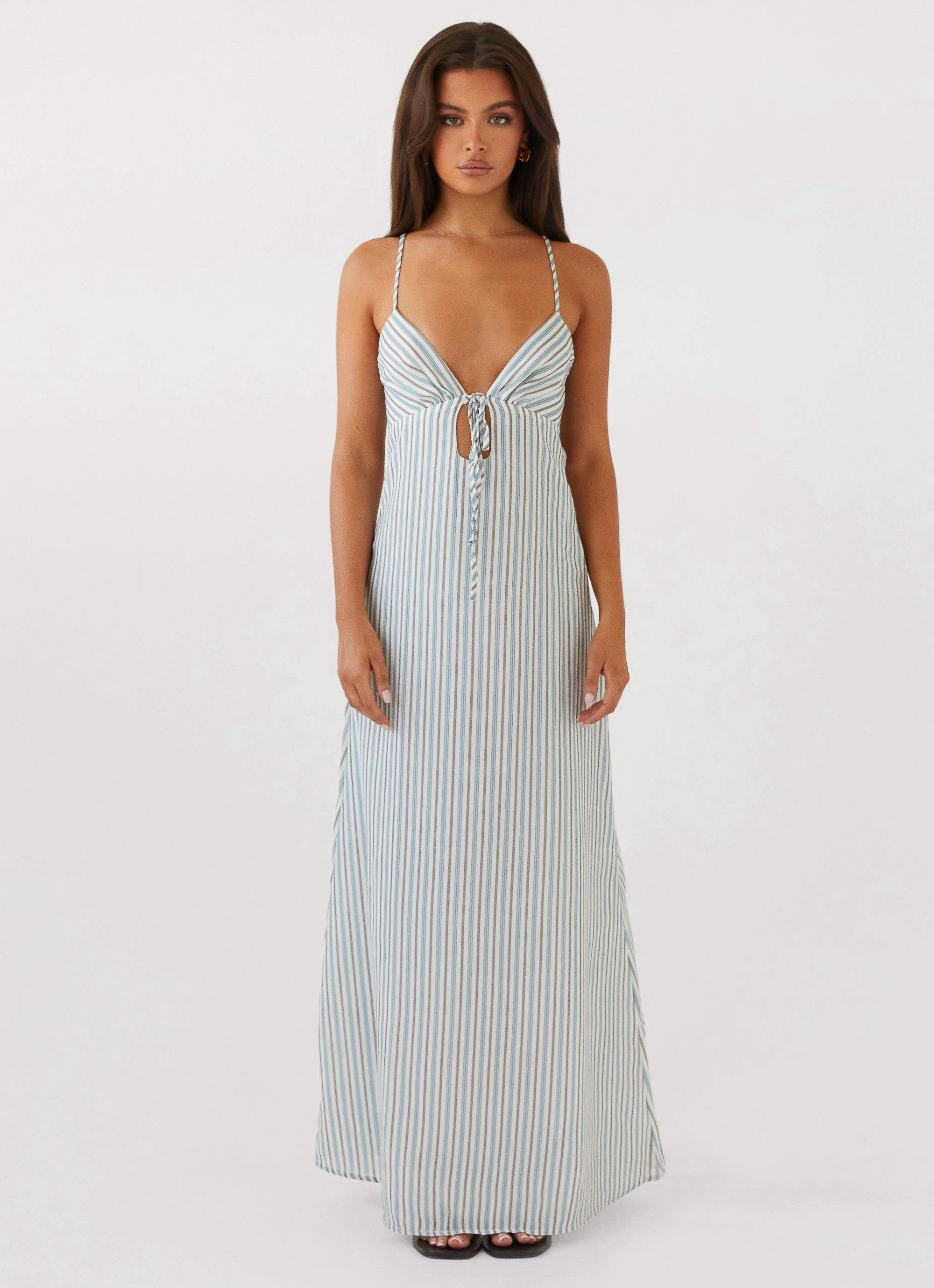 Luxe Mood Professional Comfort Flora Linen Maxi Dress - Blue Choc Stripe