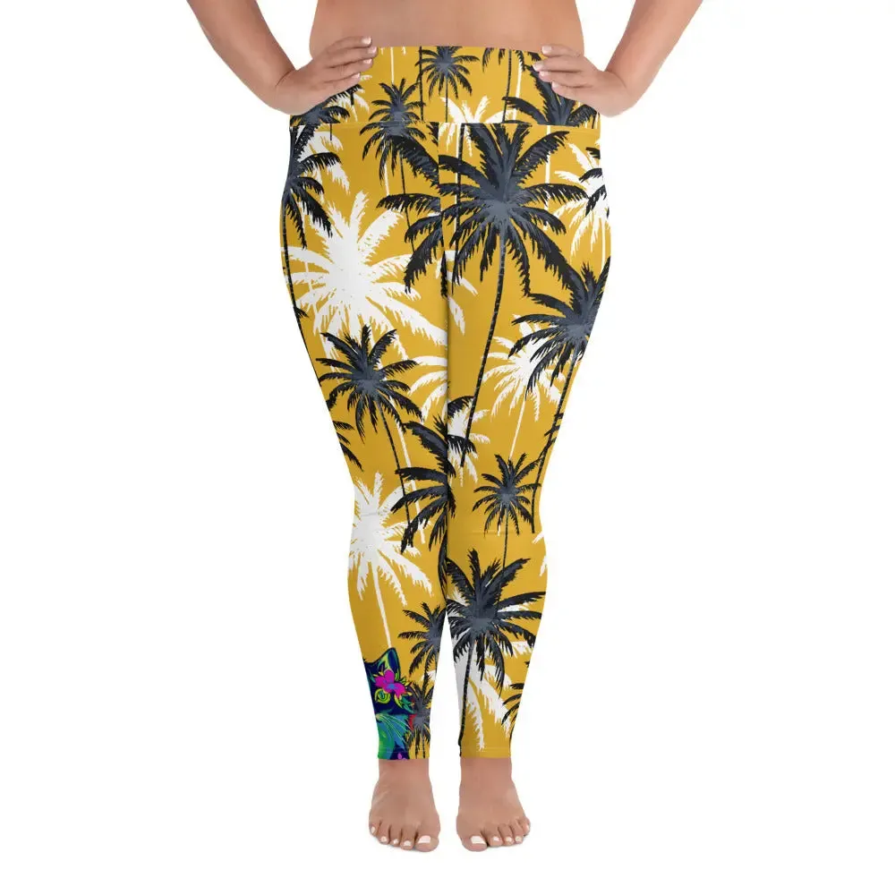 "Cat Lovers" Collection - Palms and Cat Print Plus Size Leggings