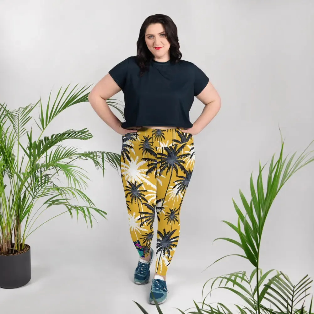 "Cat Lovers" Collection - Palms and Cat Print Plus Size Leggings