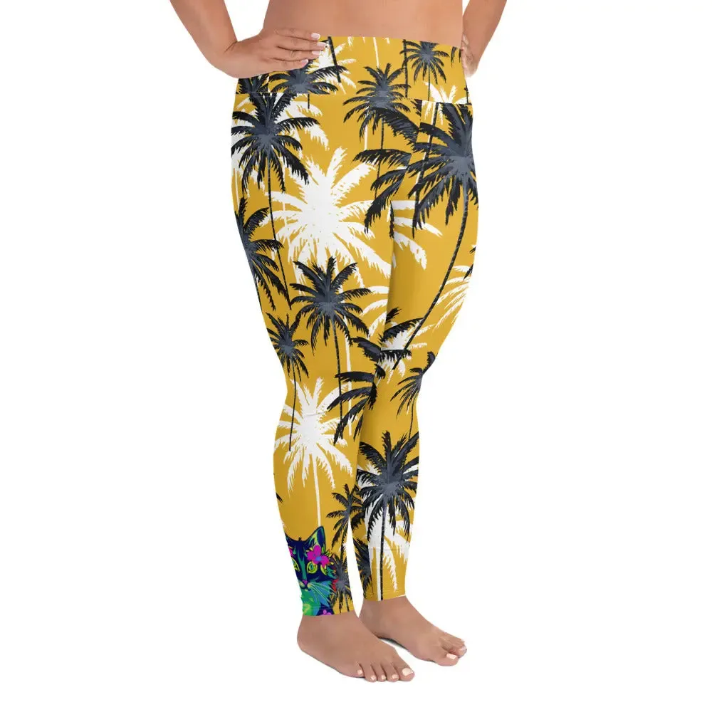 "Cat Lovers" Collection - Palms and Cat Print Plus Size Leggings