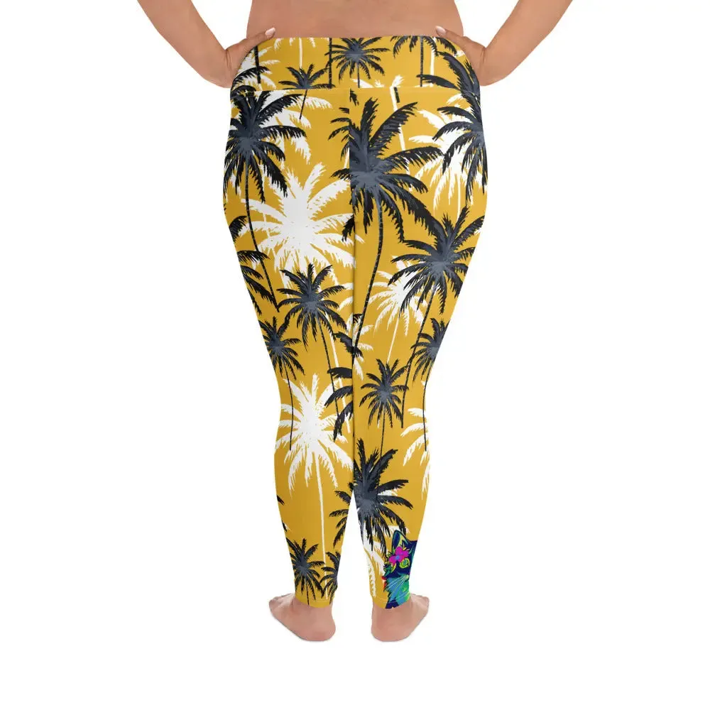 "Cat Lovers" Collection - Palms and Cat Print Plus Size Leggings