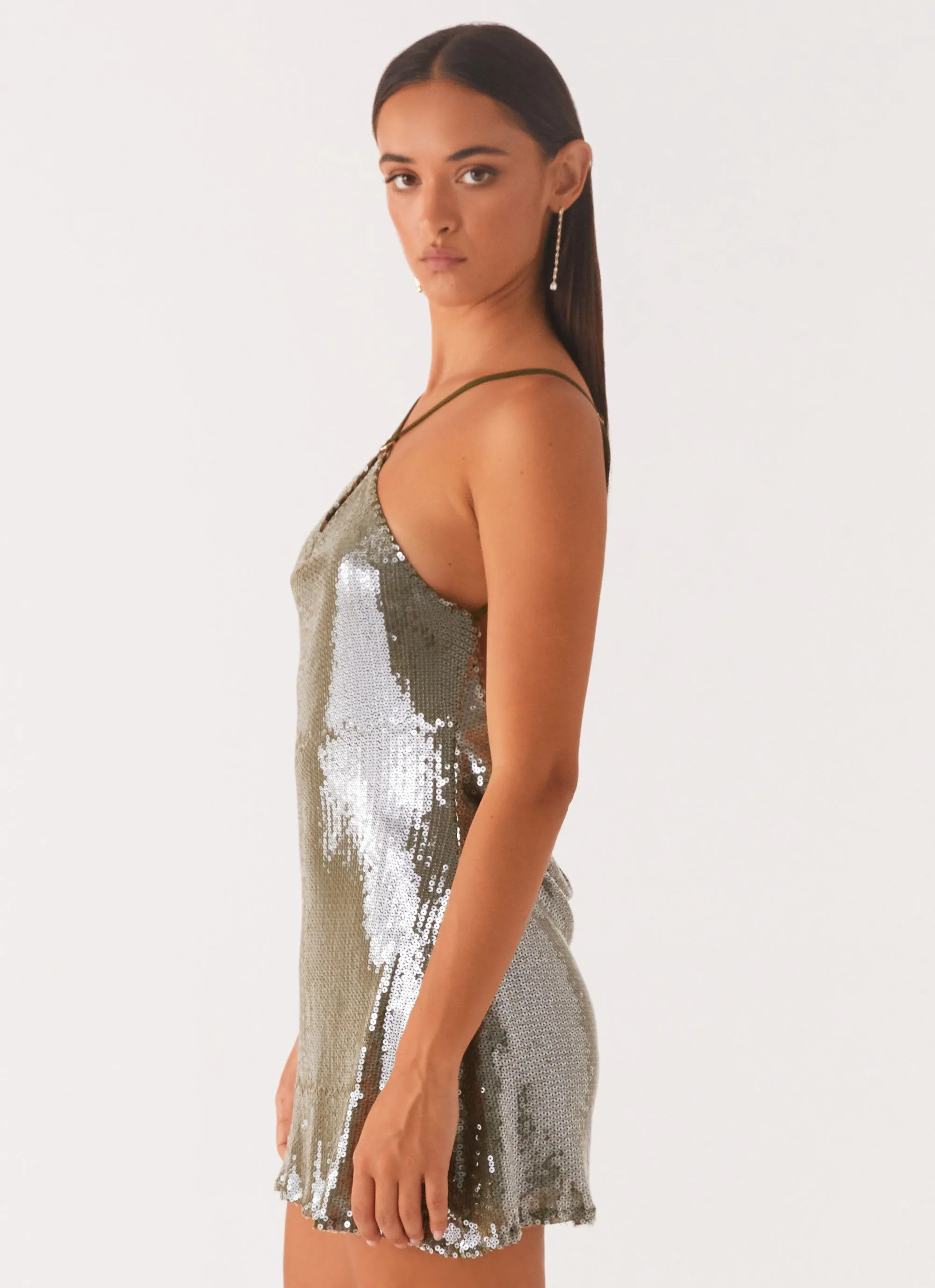 Radiant Energy Cowl Back Mini Dress - Olive Gender Neutral Button Down Design