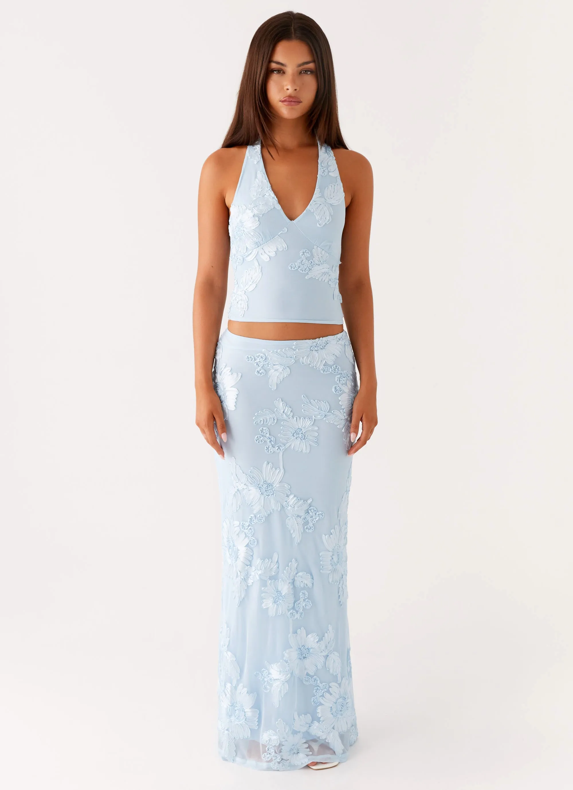 Back Slit Radiate Maxi Skirt - Blue