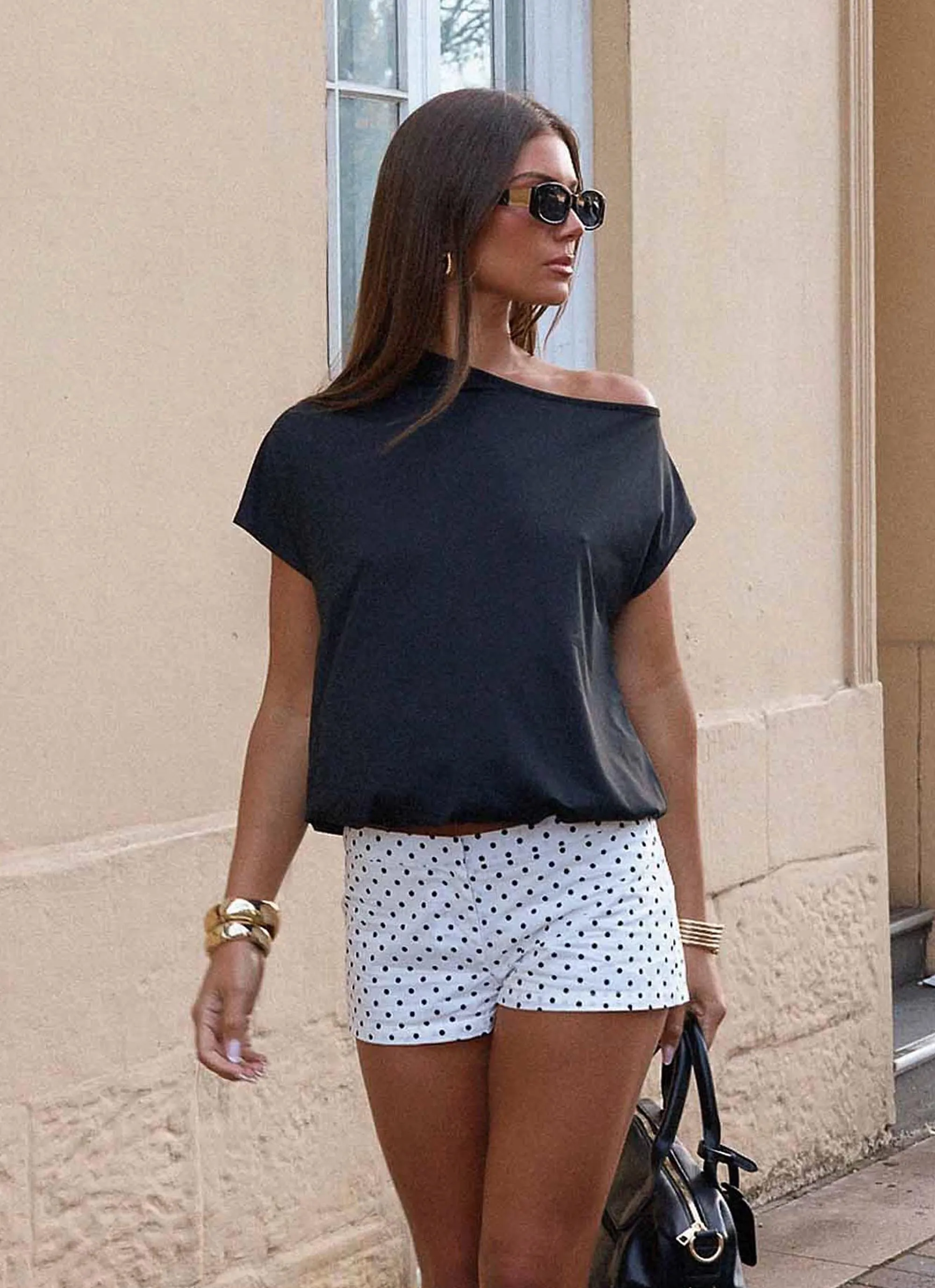 Raeni Off Shoulder Top - Black Wrinkle Resistant Textile