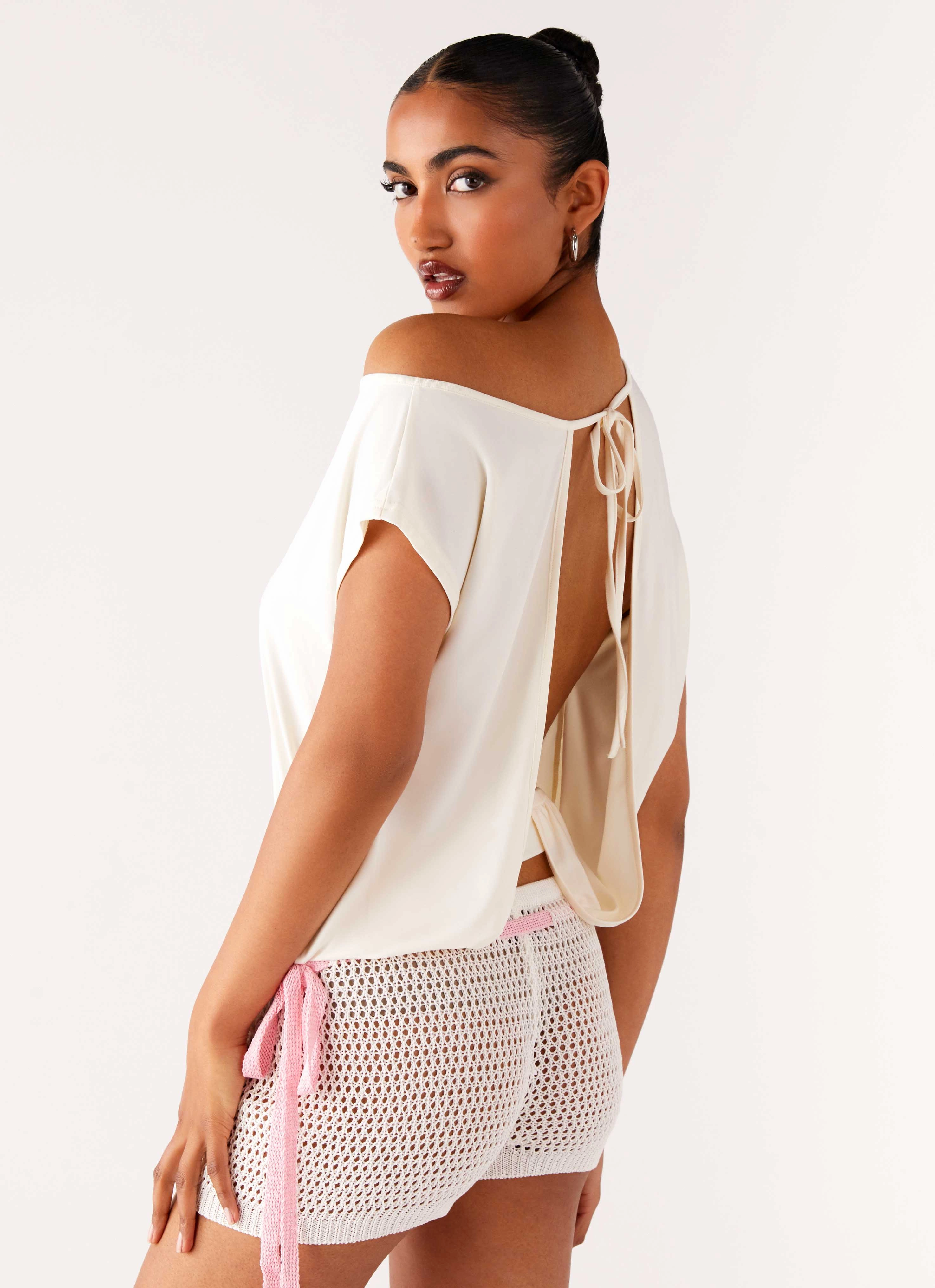 Raeni Off Shoulder Top - Ivory Lightweight Weave Material MultiPanelConstruction