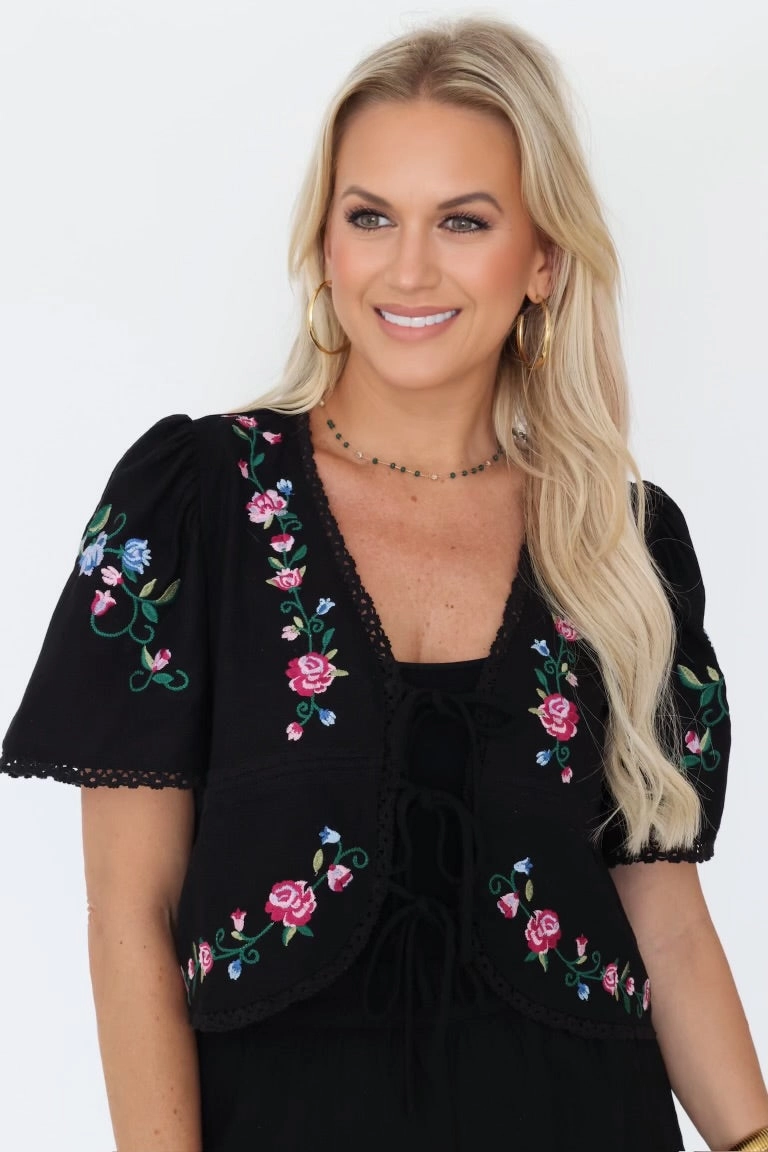 Dolly Embroidered Top - Black (Final Sale) AntiPilling Finish