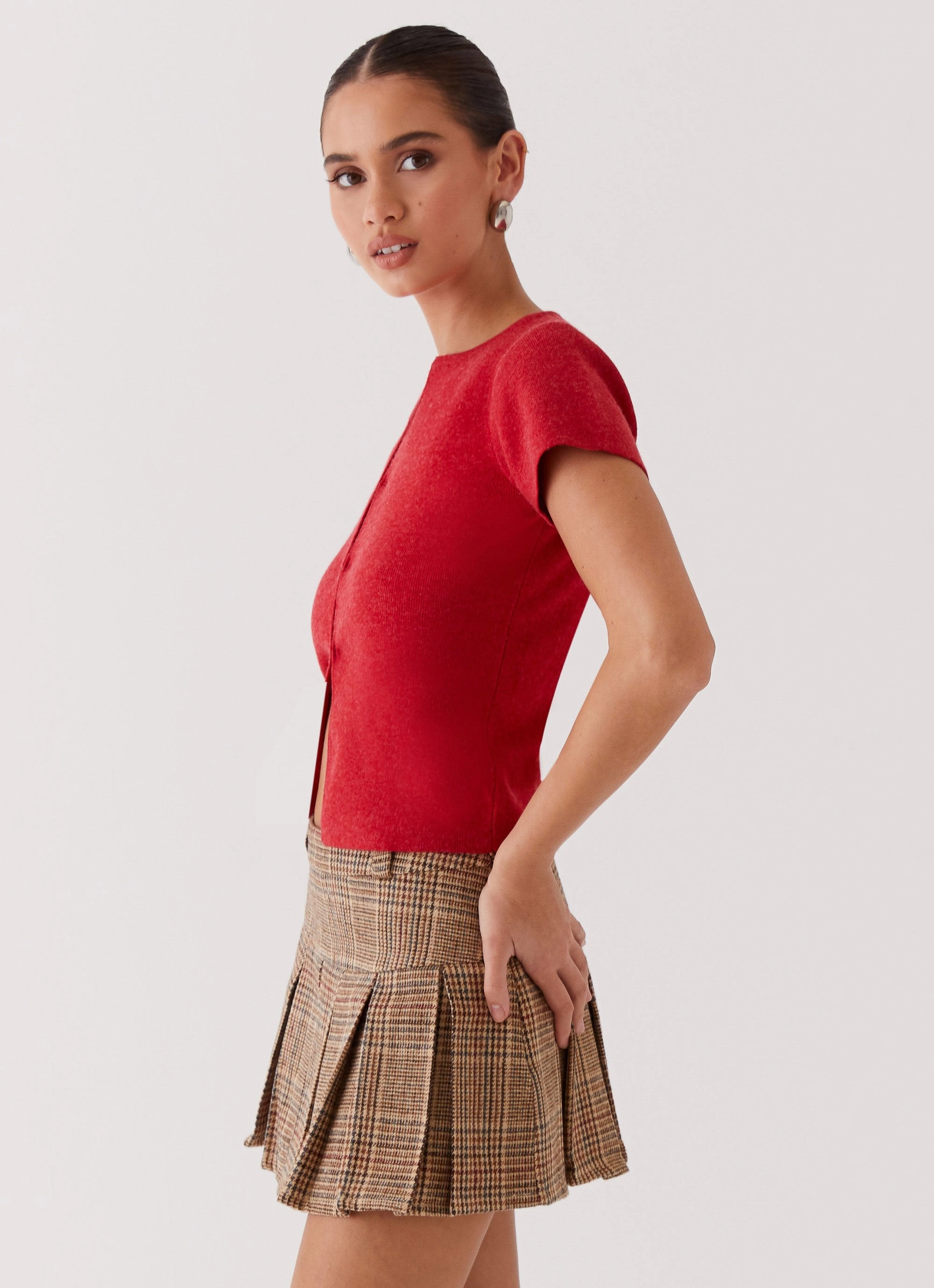 Double Layered Hem Durable Weave Raina Knit Crop Top - Ruby Red