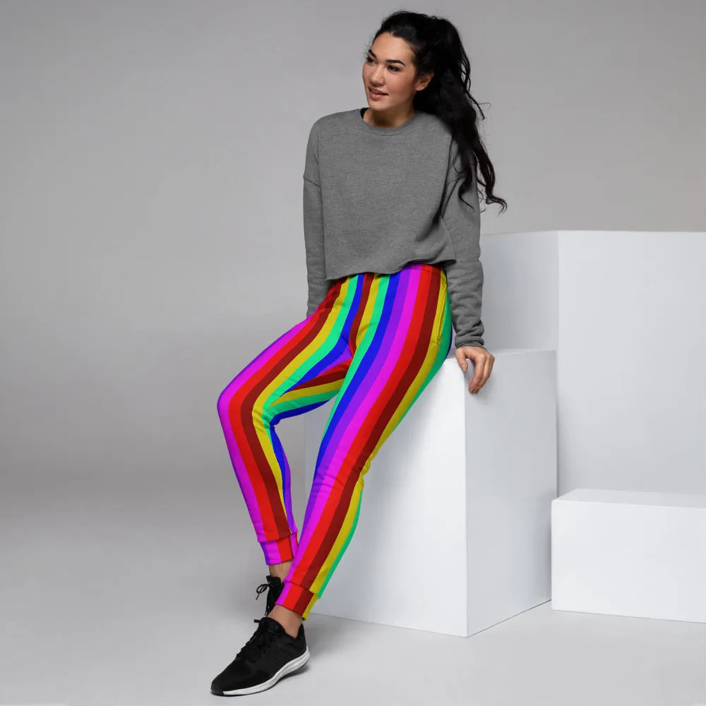 Rainbow Stripe Women's Joggers, Best LGBTQ Friendly Gay Pride Skinny Sweatpants-Made in EU