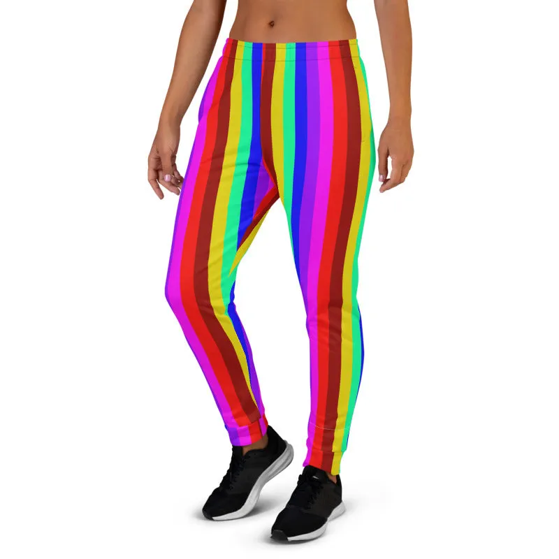 Rainbow Stripe Women's Joggers, Best LGBTQ Friendly Gay Pride Skinny Sweatpants-Made in EU