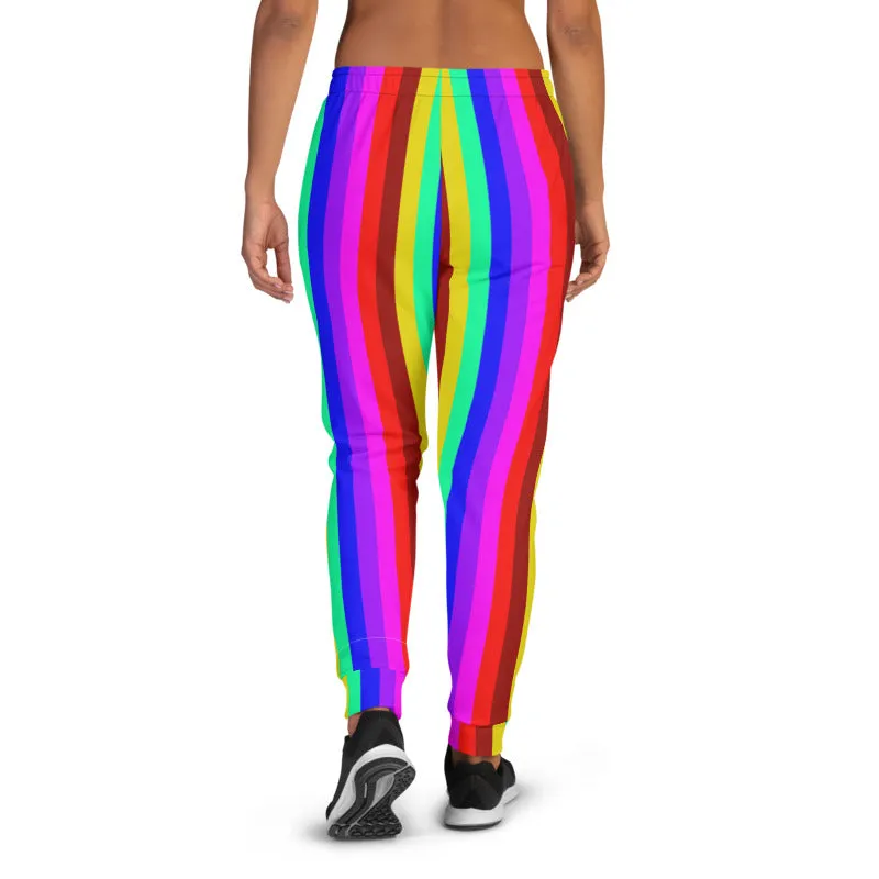Rainbow Stripe Women's Joggers, Best LGBTQ Friendly Gay Pride Skinny Sweatpants-Made in EU