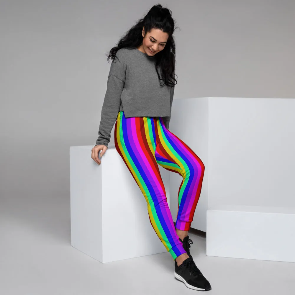 Rainbow Stripe Women's Joggers, Best LGBTQ Friendly Gay Pride Skinny Sweatpants-Made in EU