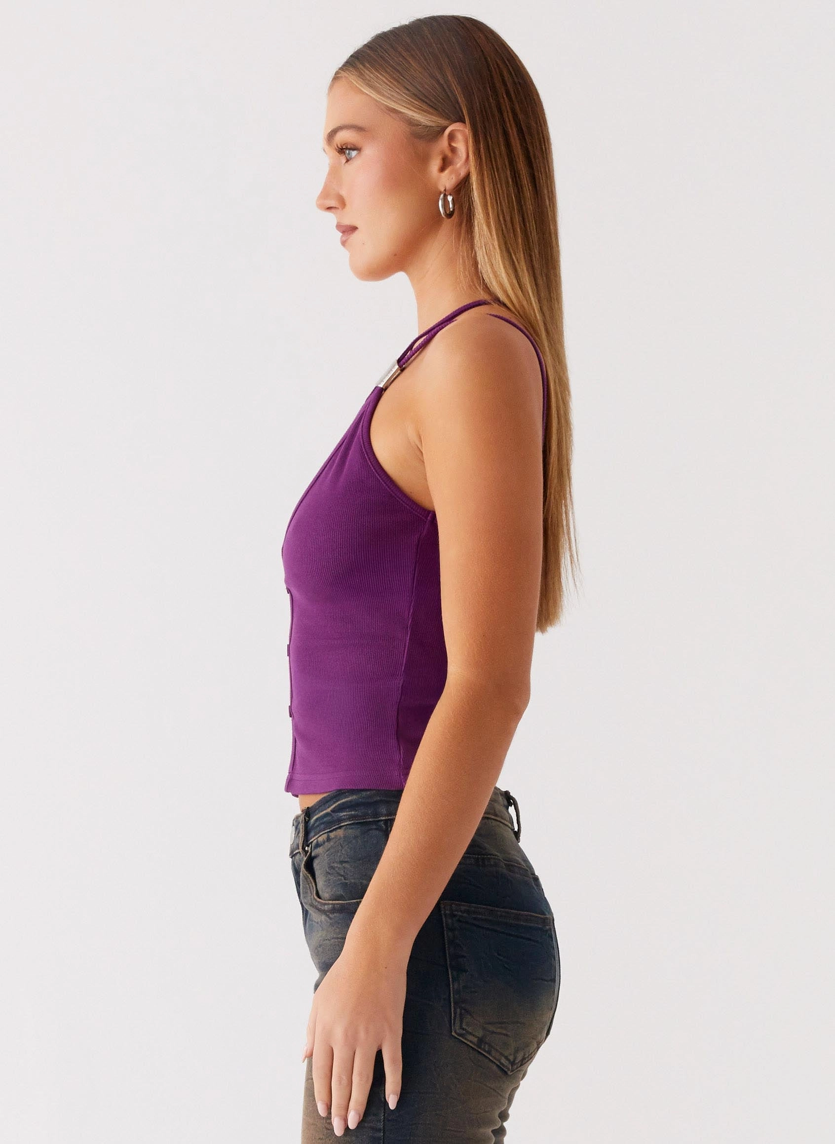 Optix Button Front Top - Plum Breathable Design