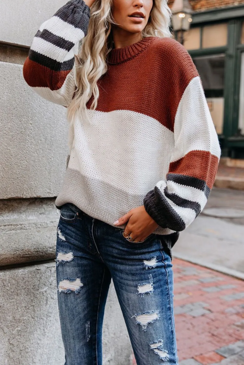 'Raquel' Full Size Loose Crew Neck Striped Sweater (7 Colors)
