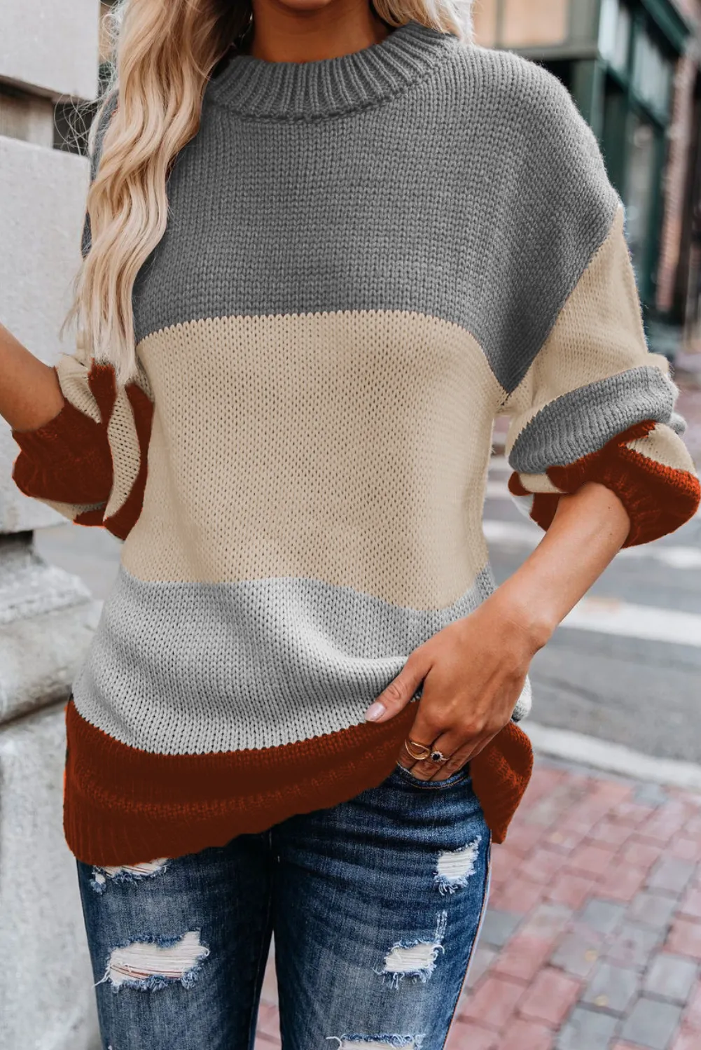 'Raquel' Full Size Loose Crew Neck Striped Sweater (7 Colors)