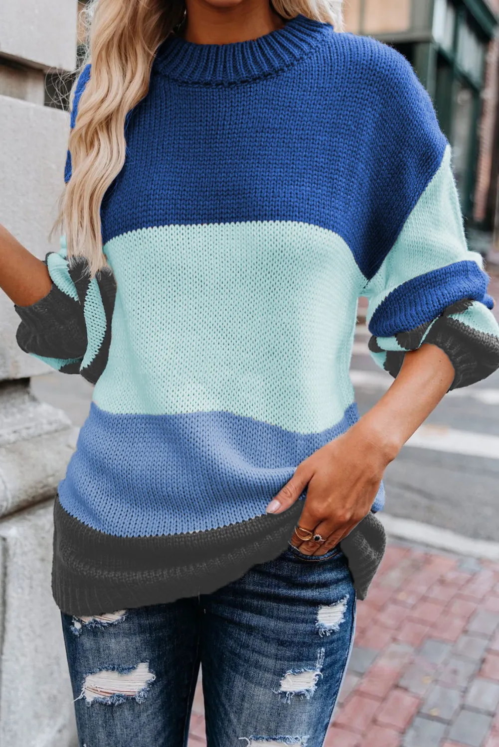 'Raquel' Full Size Loose Crew Neck Striped Sweater (7 Colors)
