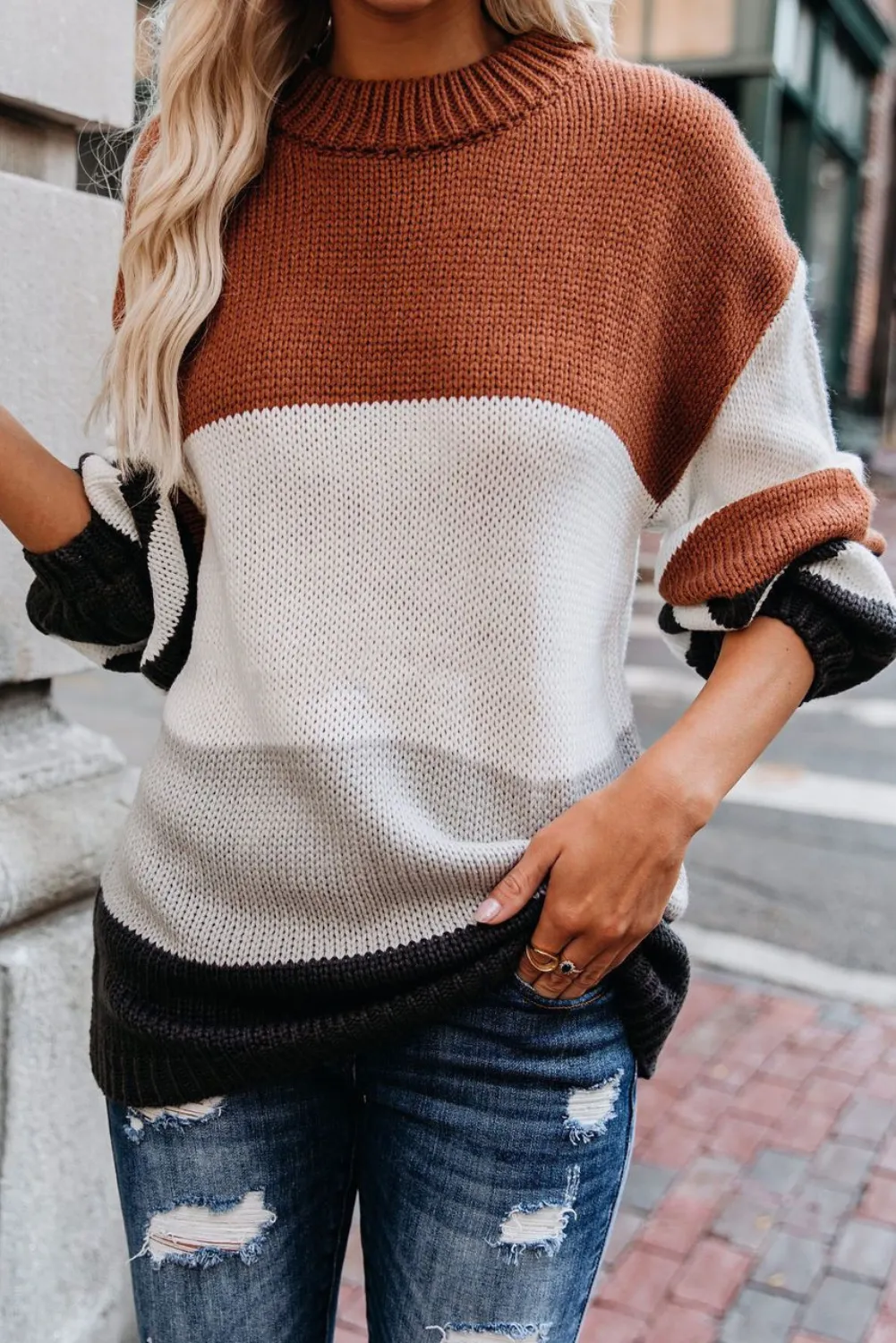 'Raquel' Full Size Loose Crew Neck Striped Sweater (7 Colors)