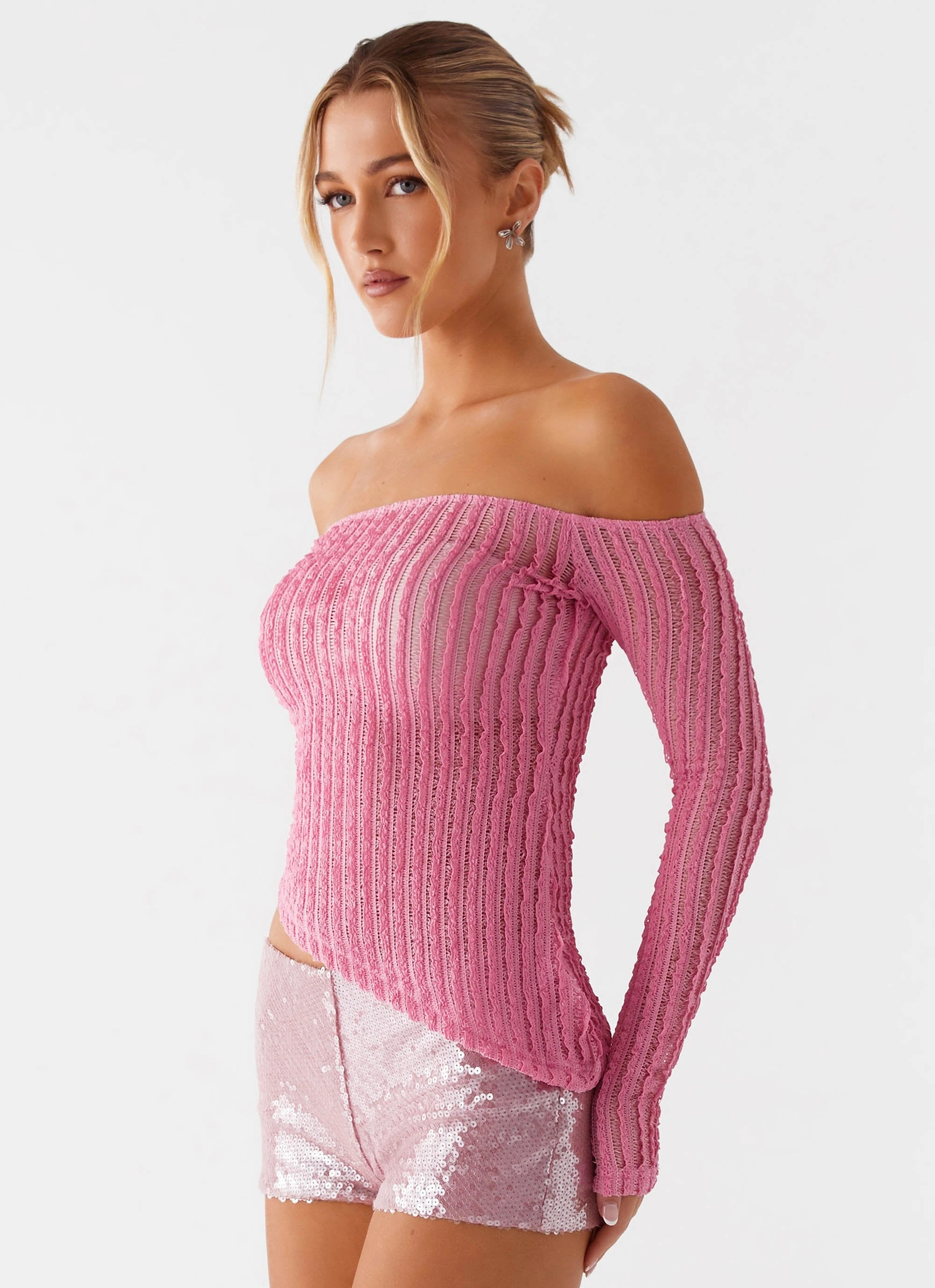 Raquel Off Shoulder Long Sleeve Top - Pink MultiPanelDesign