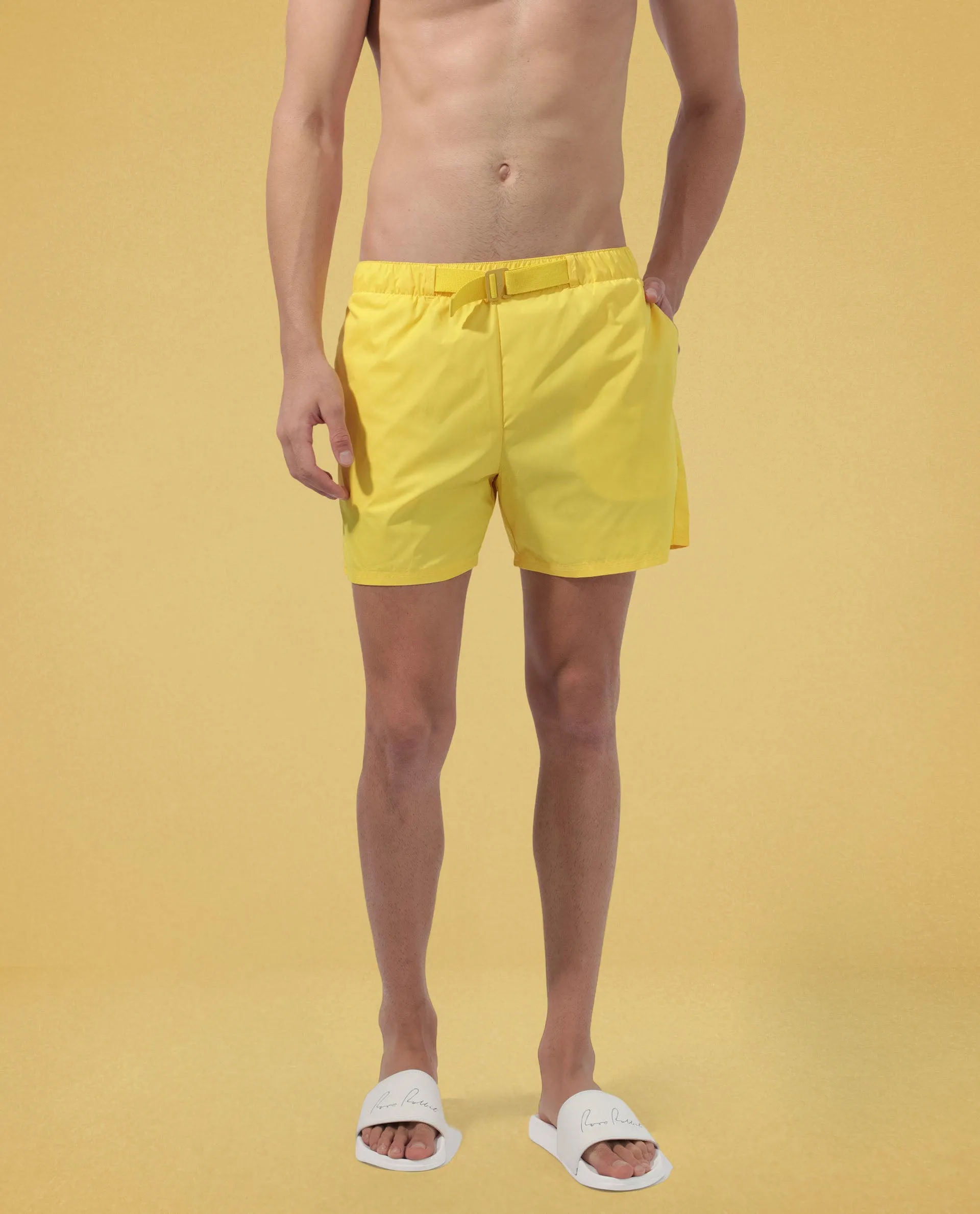 Rare Rabbit Men's Kort Yellow Polyester Fabric Buckle Fastening Regular Fit Solid Shorts