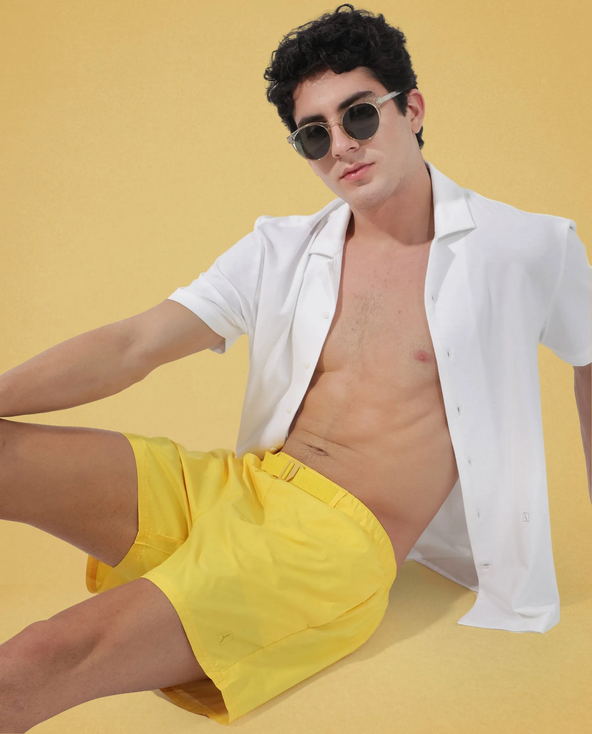 Rare Rabbit Men's Kort Yellow Polyester Fabric Buckle Fastening Regular Fit Solid Shorts