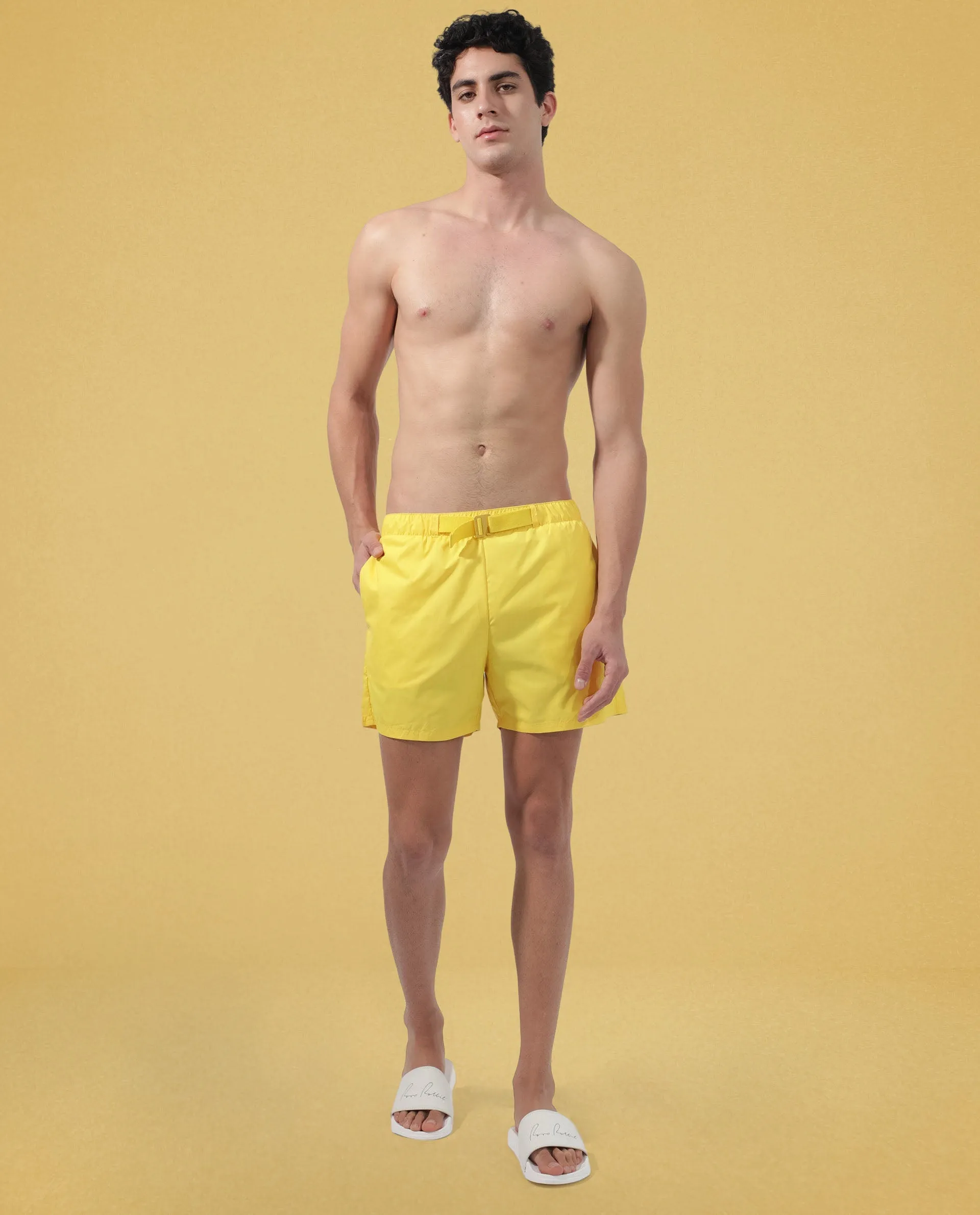 Rare Rabbit Men's Kort Yellow Polyester Fabric Buckle Fastening Regular Fit Solid Shorts