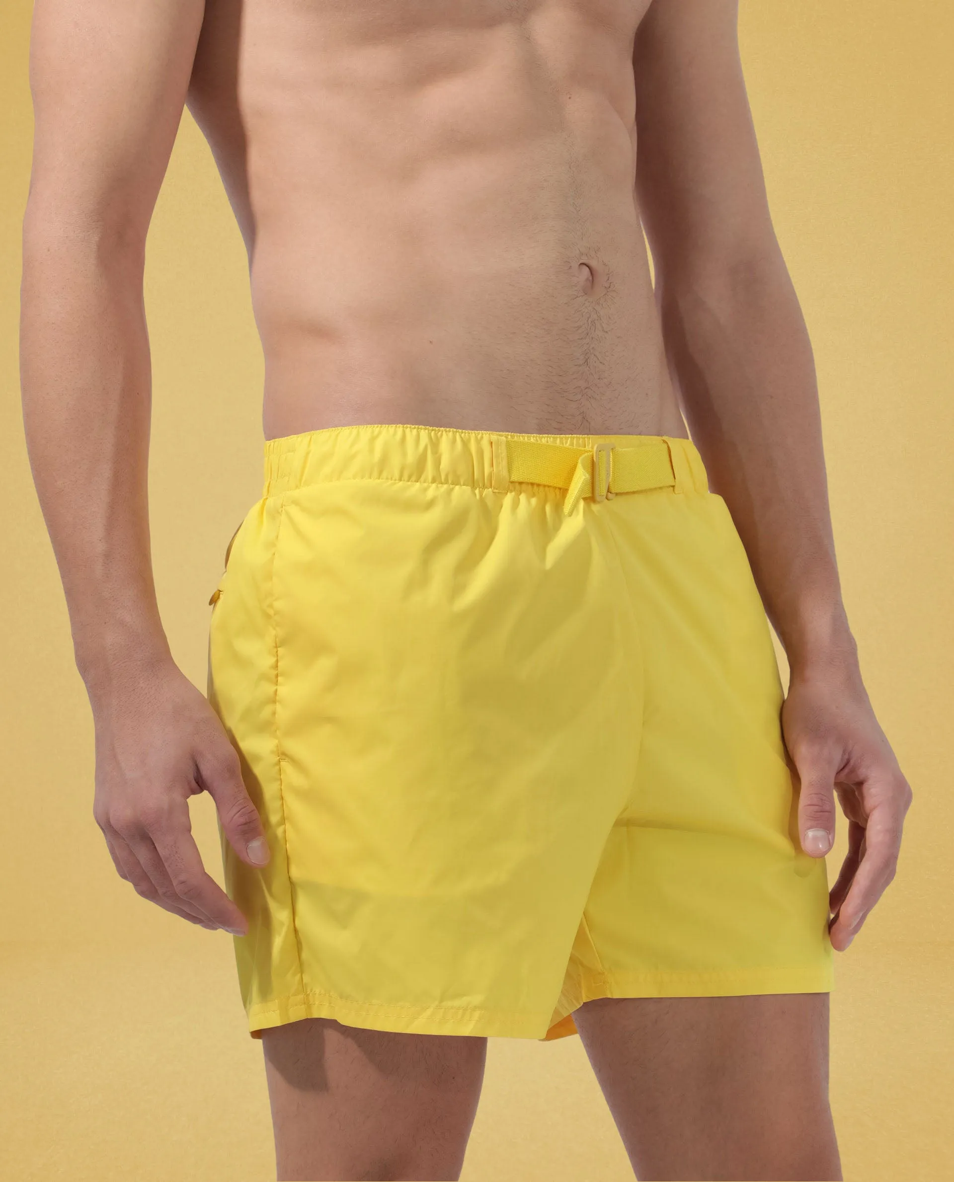 Rare Rabbit Men's Kort Yellow Polyester Fabric Buckle Fastening Regular Fit Solid Shorts