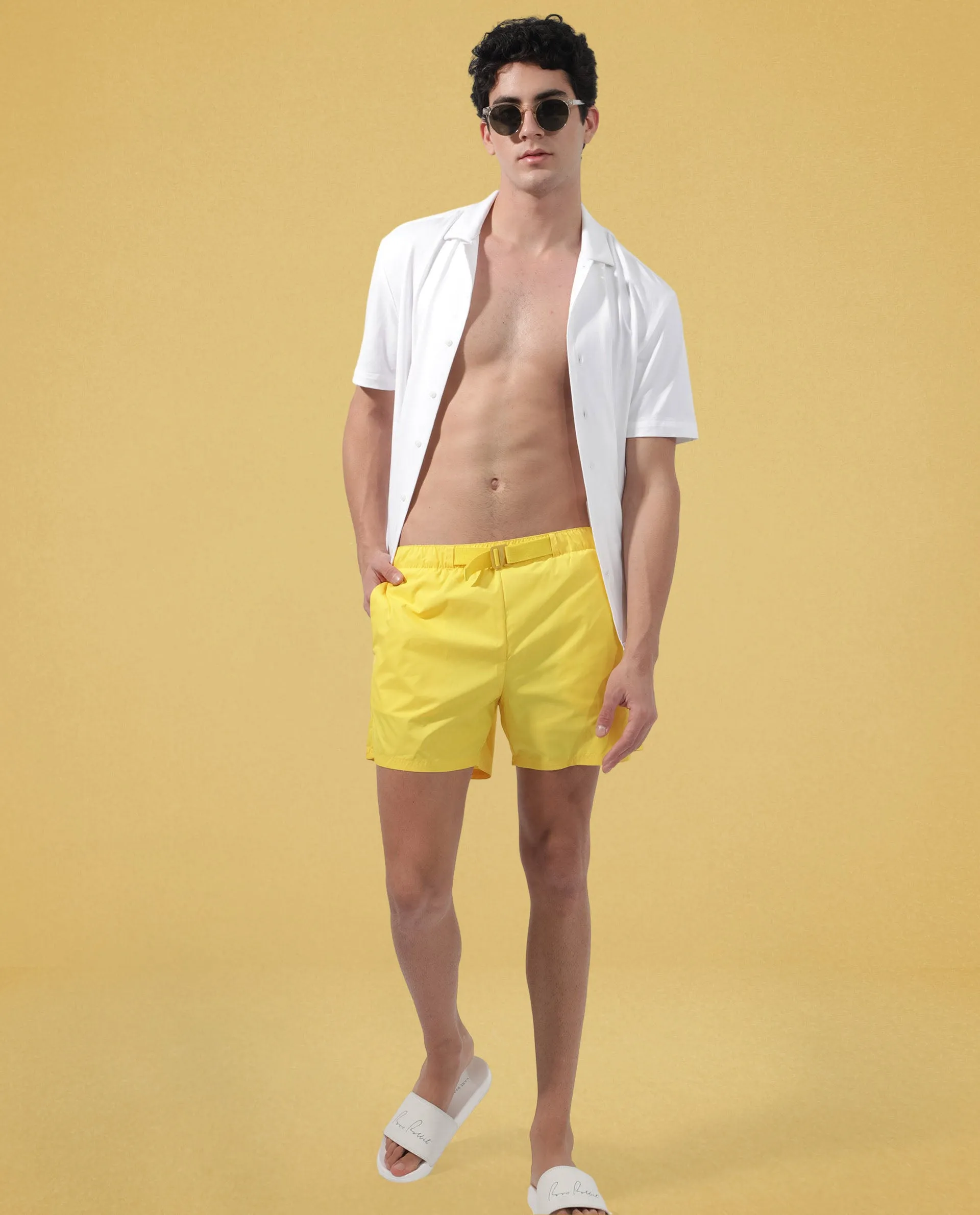 Rare Rabbit Men's Kort Yellow Polyester Fabric Buckle Fastening Regular Fit Solid Shorts