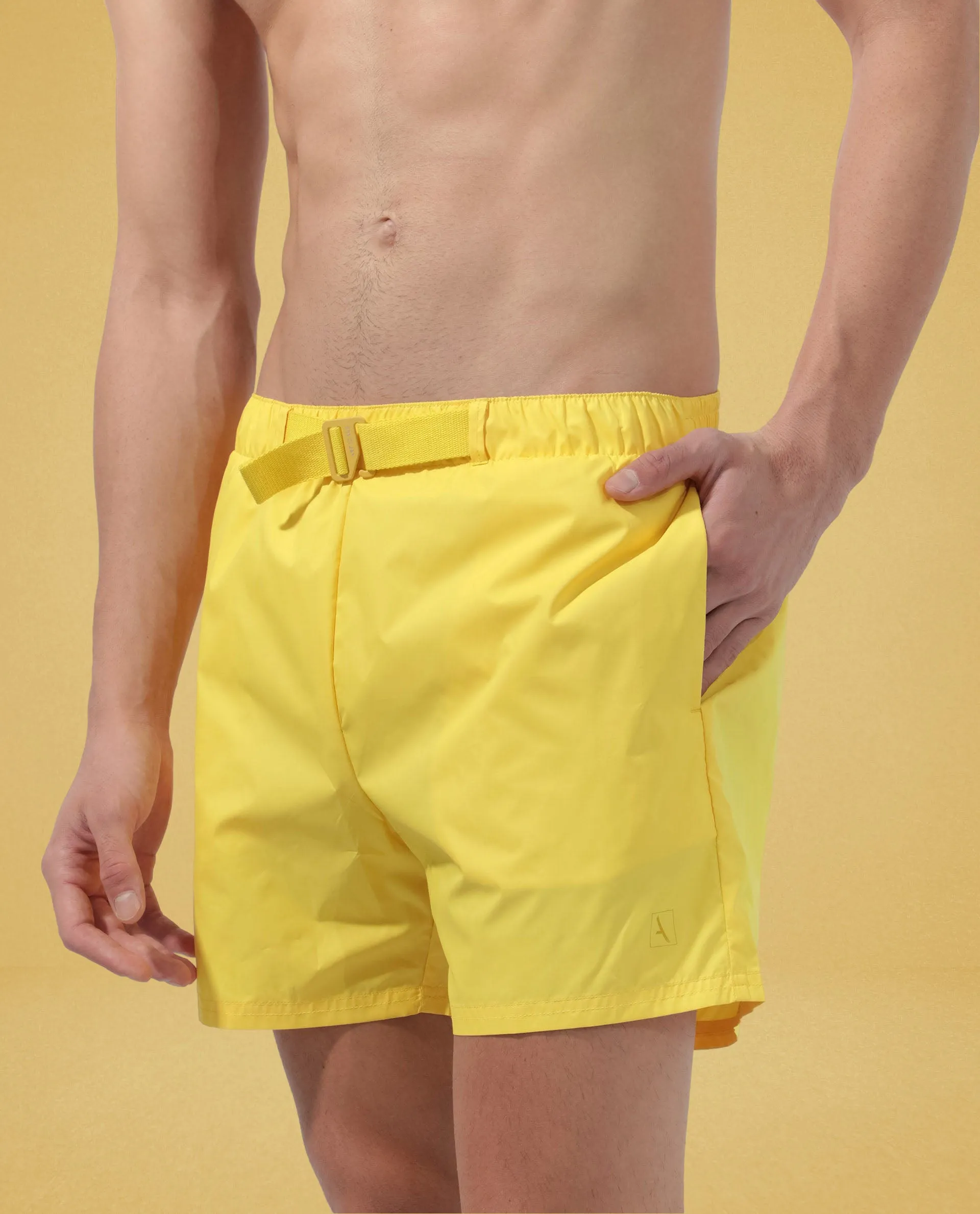 Rare Rabbit Men's Kort Yellow Polyester Fabric Buckle Fastening Regular Fit Solid Shorts