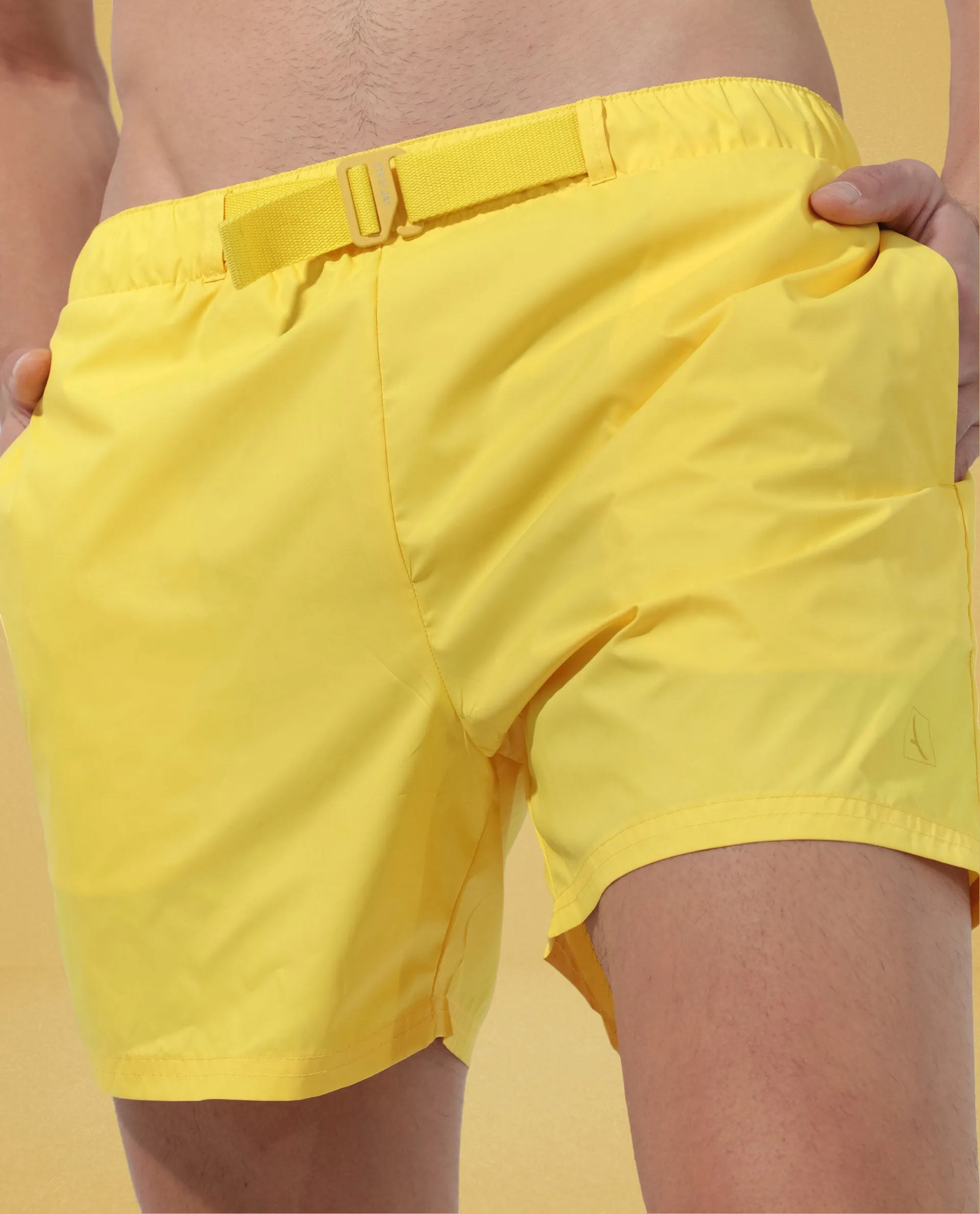 Rare Rabbit Men's Kort Yellow Polyester Fabric Buckle Fastening Regular Fit Solid Shorts