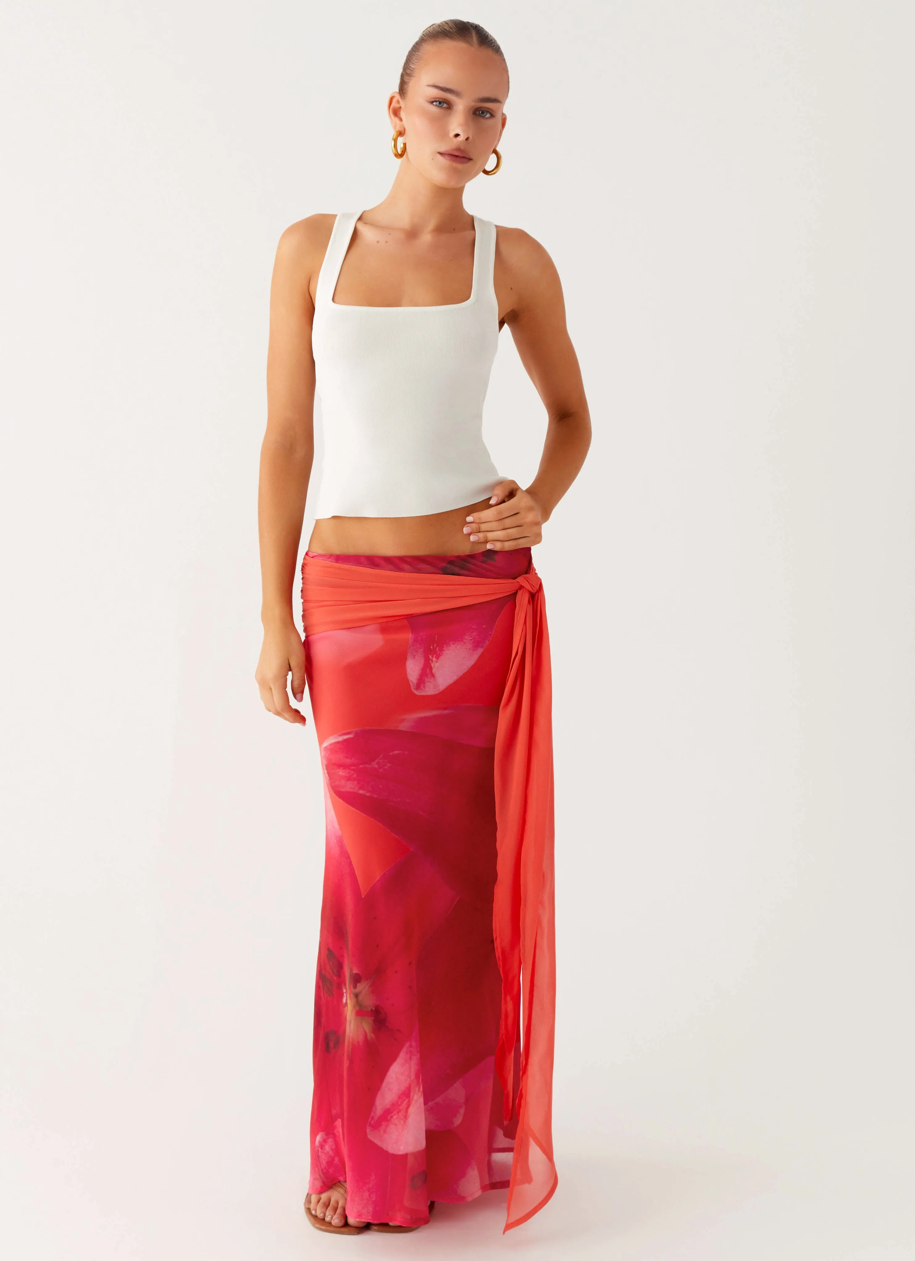 Wardrobe Classic Thermoregulating Fabric Raya Maxi Skirt - Peach Watermelon Flower