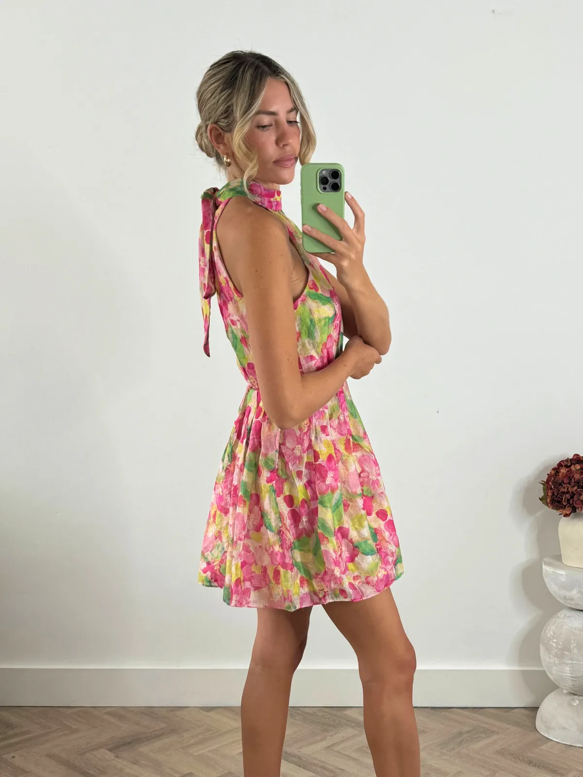 Photo Glow Raye High Neck Mini Dress in Multi Floral