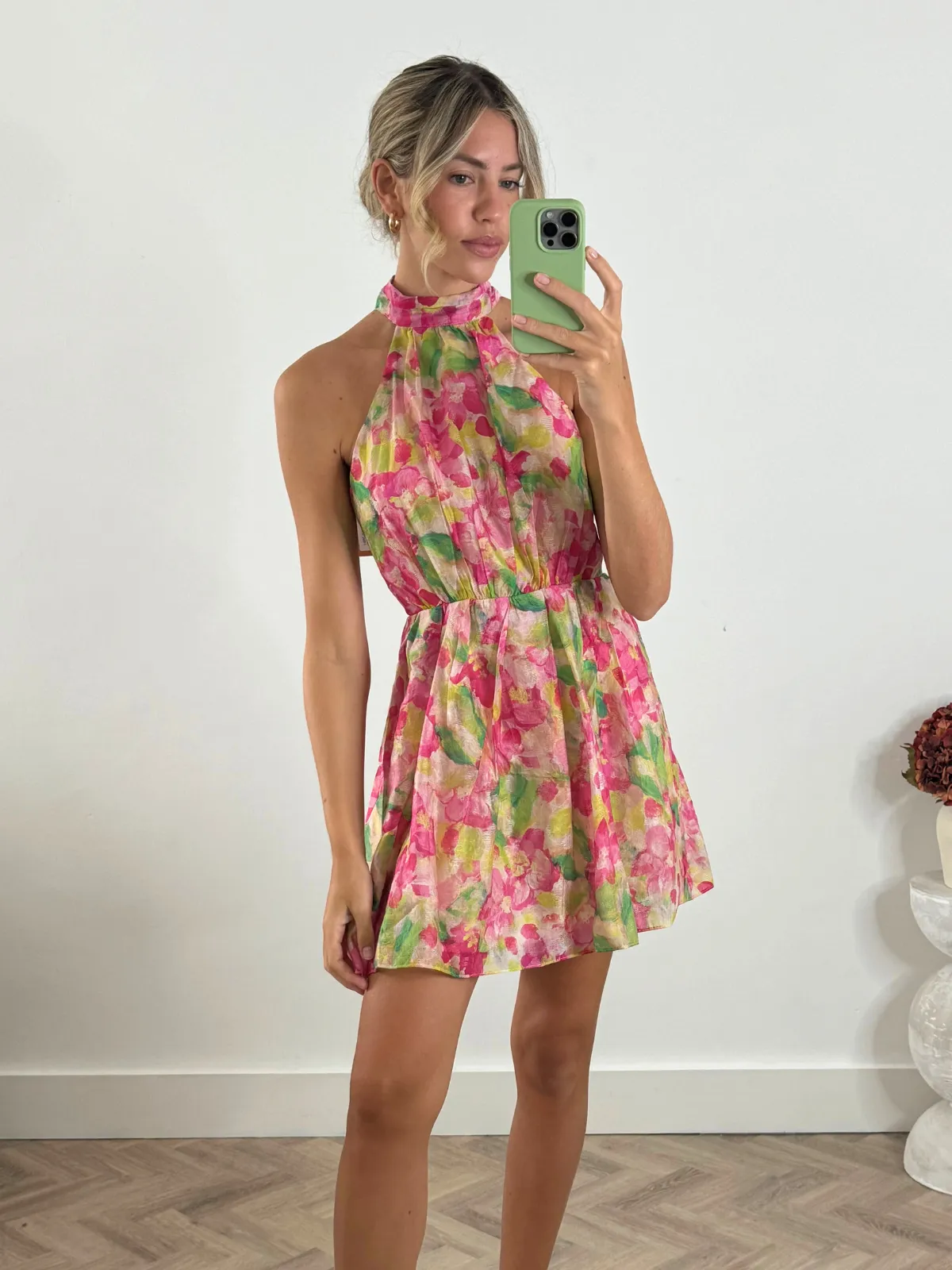 Raye High Neck Mini Dress in Multi Floral Button Accent