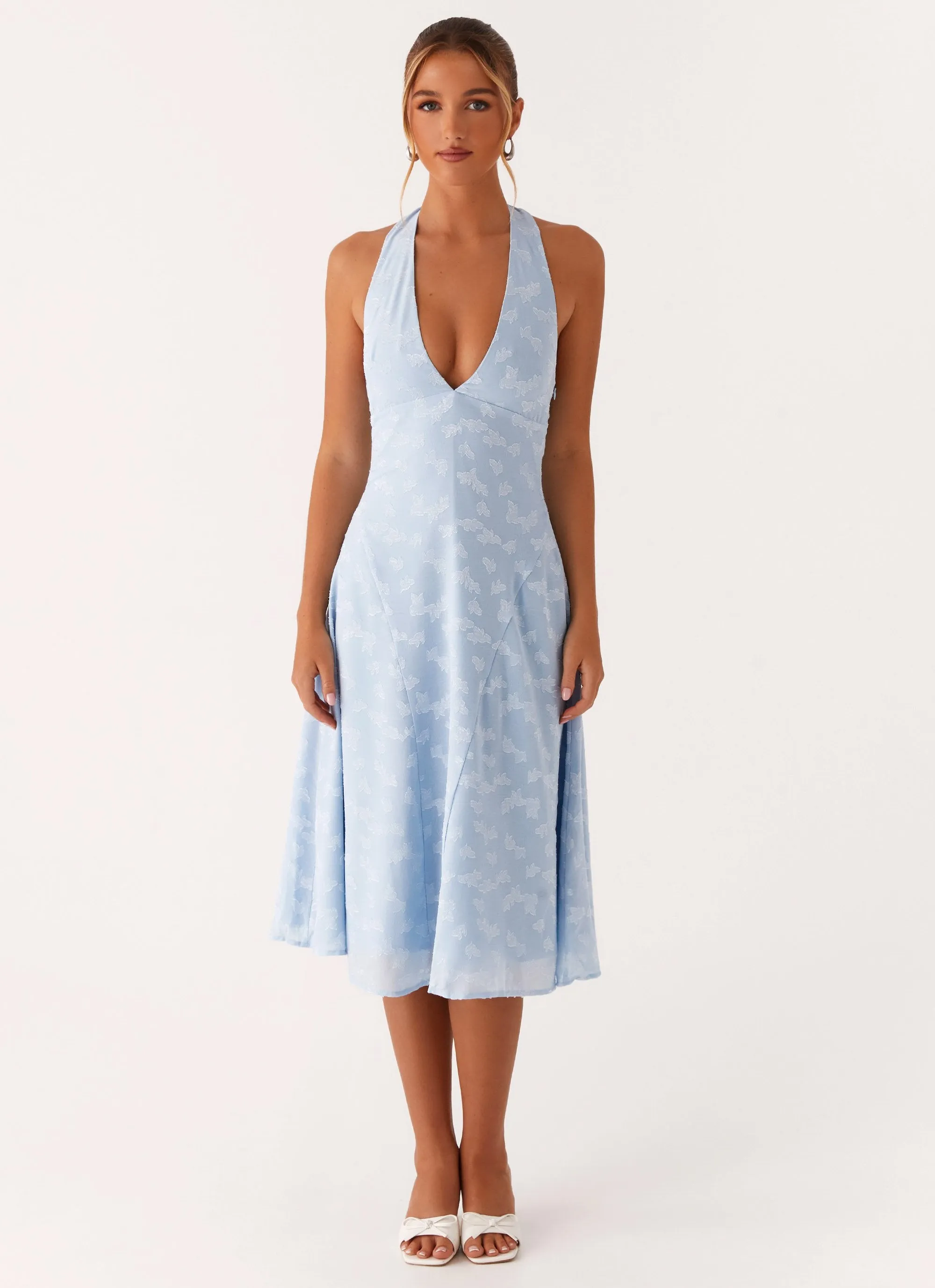 Sashi Halterneck Midi Dress - Pale Blue Low Maintenance Non-Iron