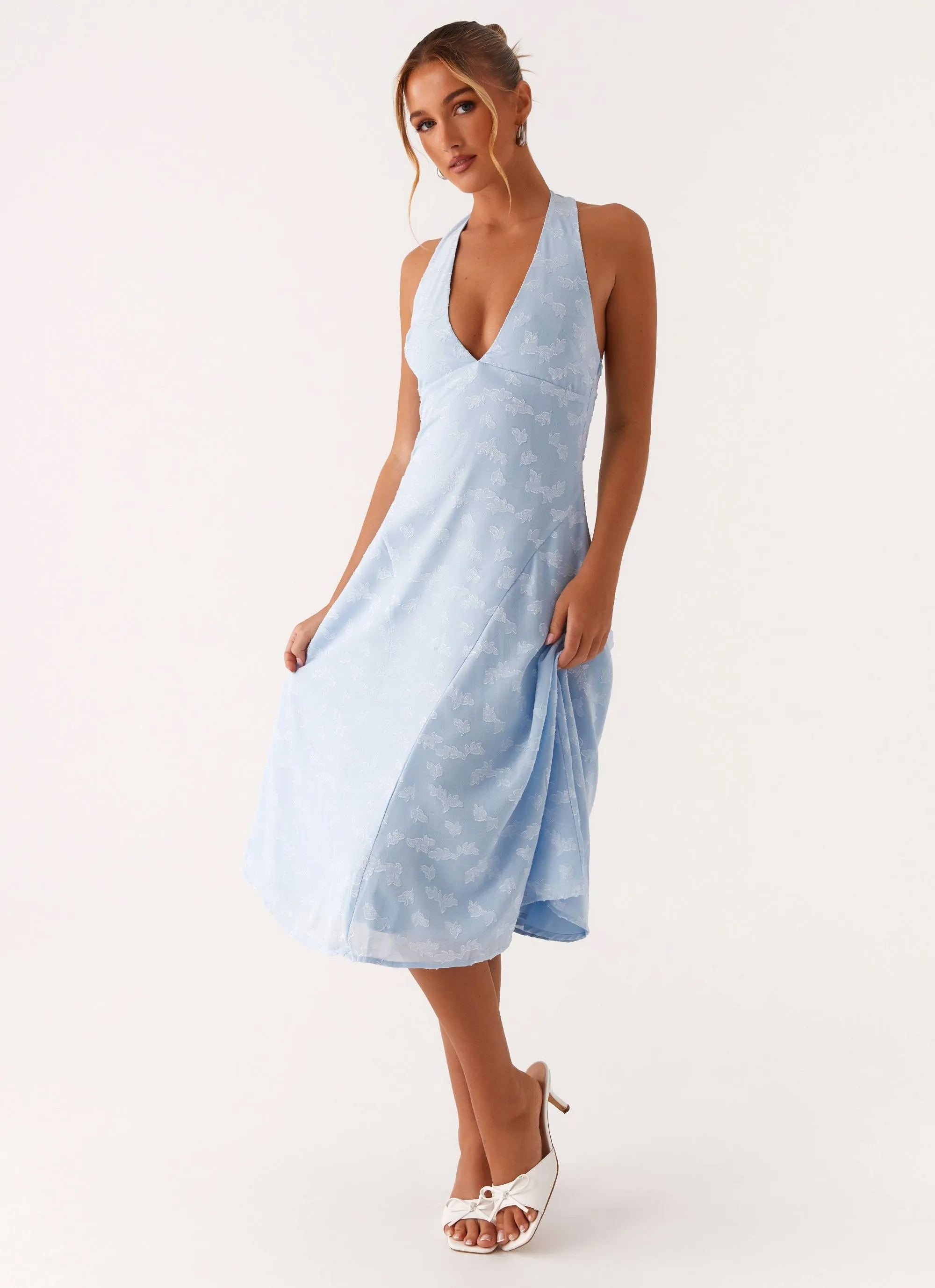 Sashi Halterneck Midi Dress - Pale Blue Holiday Outfit Wrinkle Resistant Finish