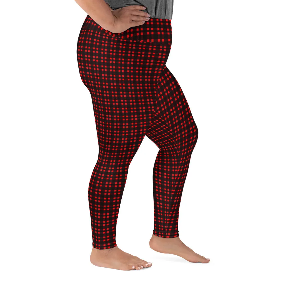 Red Buffalo Plaid Print Women's Premium Print Plus Size Leggings- Made in USA/ EU
