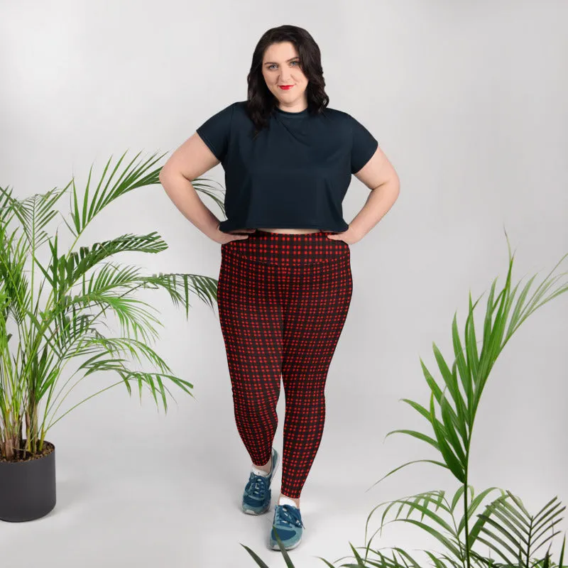 Red Buffalo Plaid Print Women's Premium Print Plus Size Leggings- Made in USA/ EU