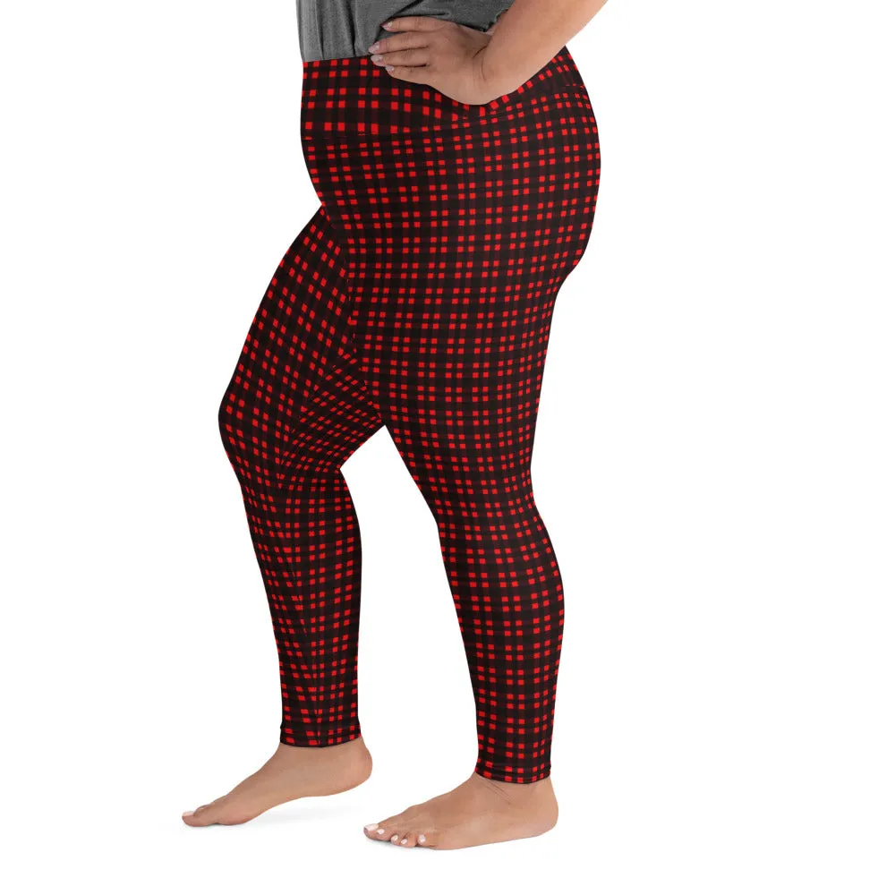 Red Buffalo Plaid Print Women's Premium Print Plus Size Leggings- Made in USA/ EU